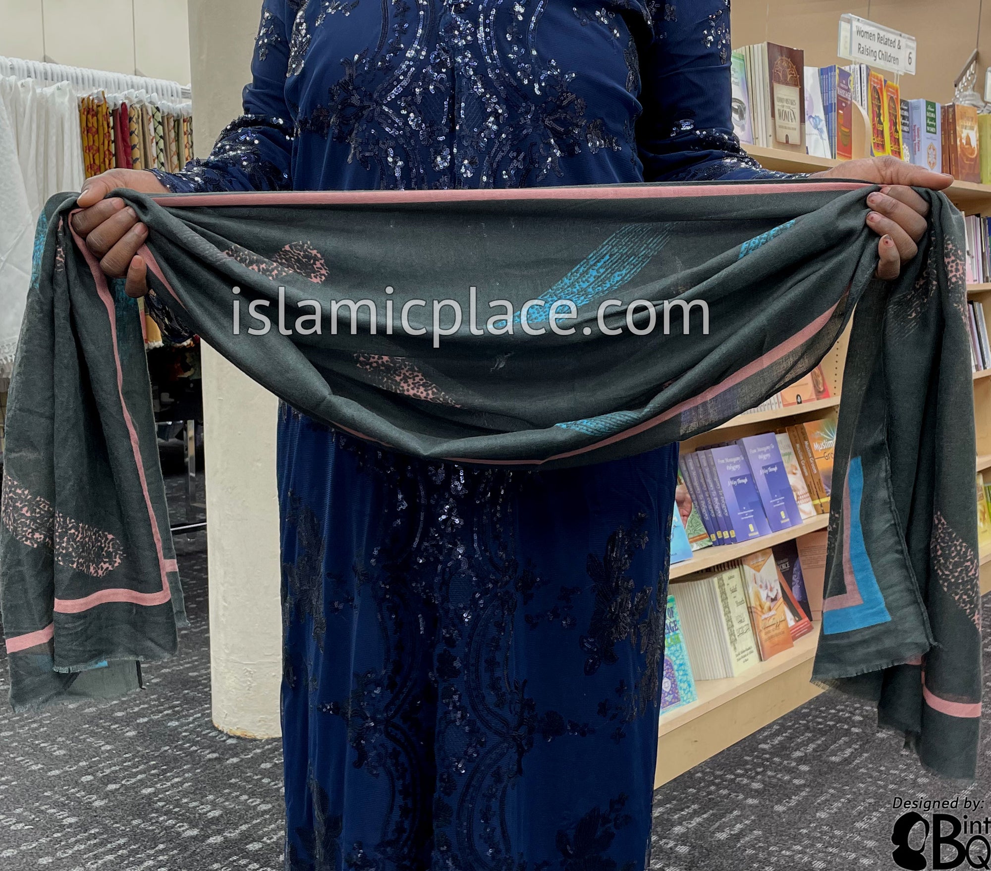 Off-Black with Pink and Electric Blue Paint Brush Stroke - Soft Viscose Printed Shayla Long Rectangle Hijab 34"x72"