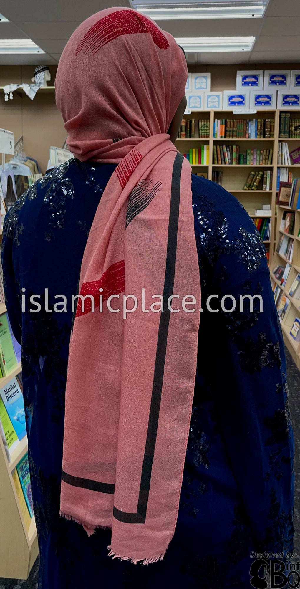 Pink with Black and Red Paint Brush Stroke - Soft Viscose Printed Shayla Long Rectangle Hijab 34"x72"