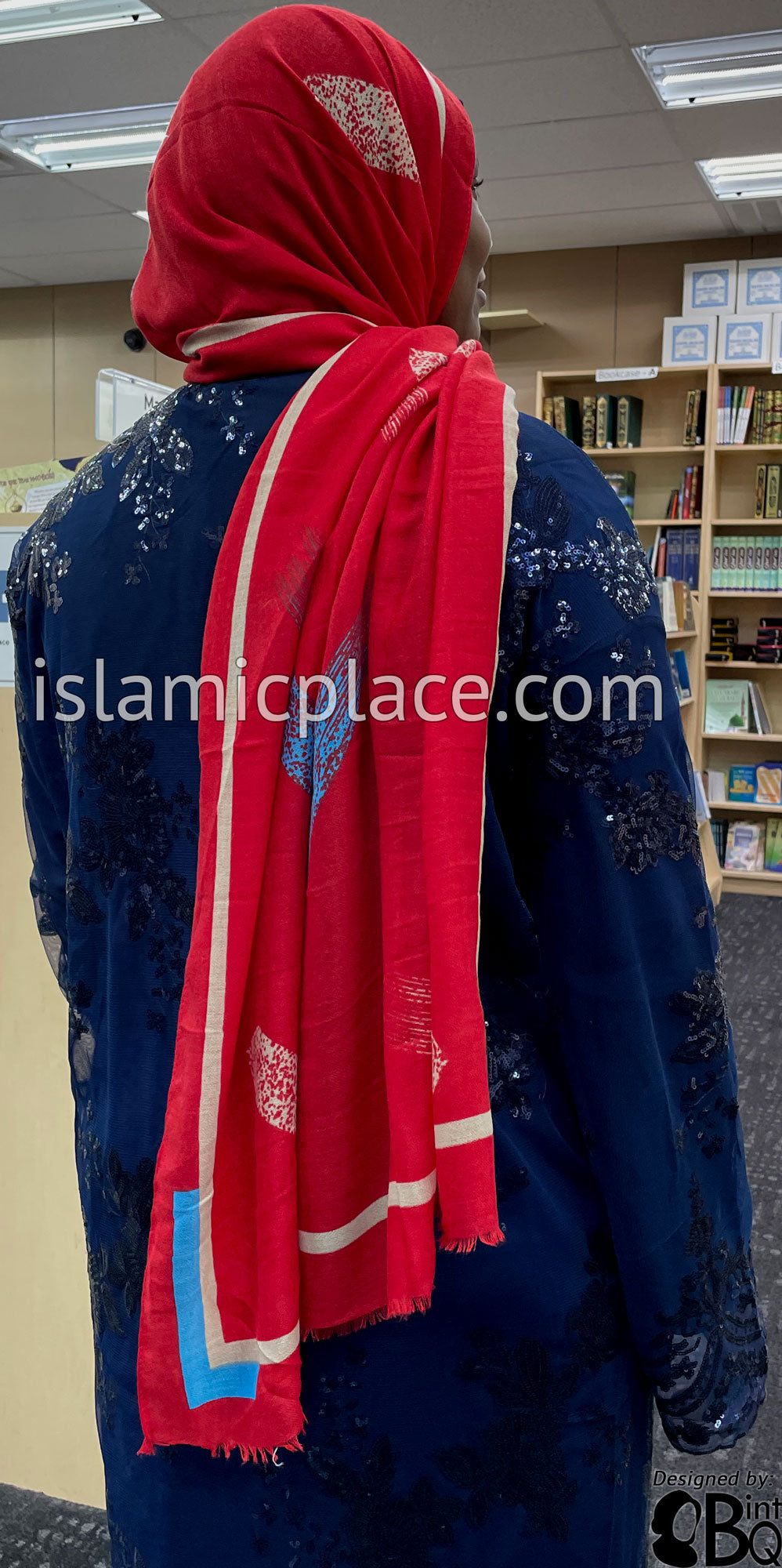 Red with Electric Blue and Oatmeal Paint Brush Stroke - Soft Viscose Printed Shayla Long Rectangle Hijab 34"x72"