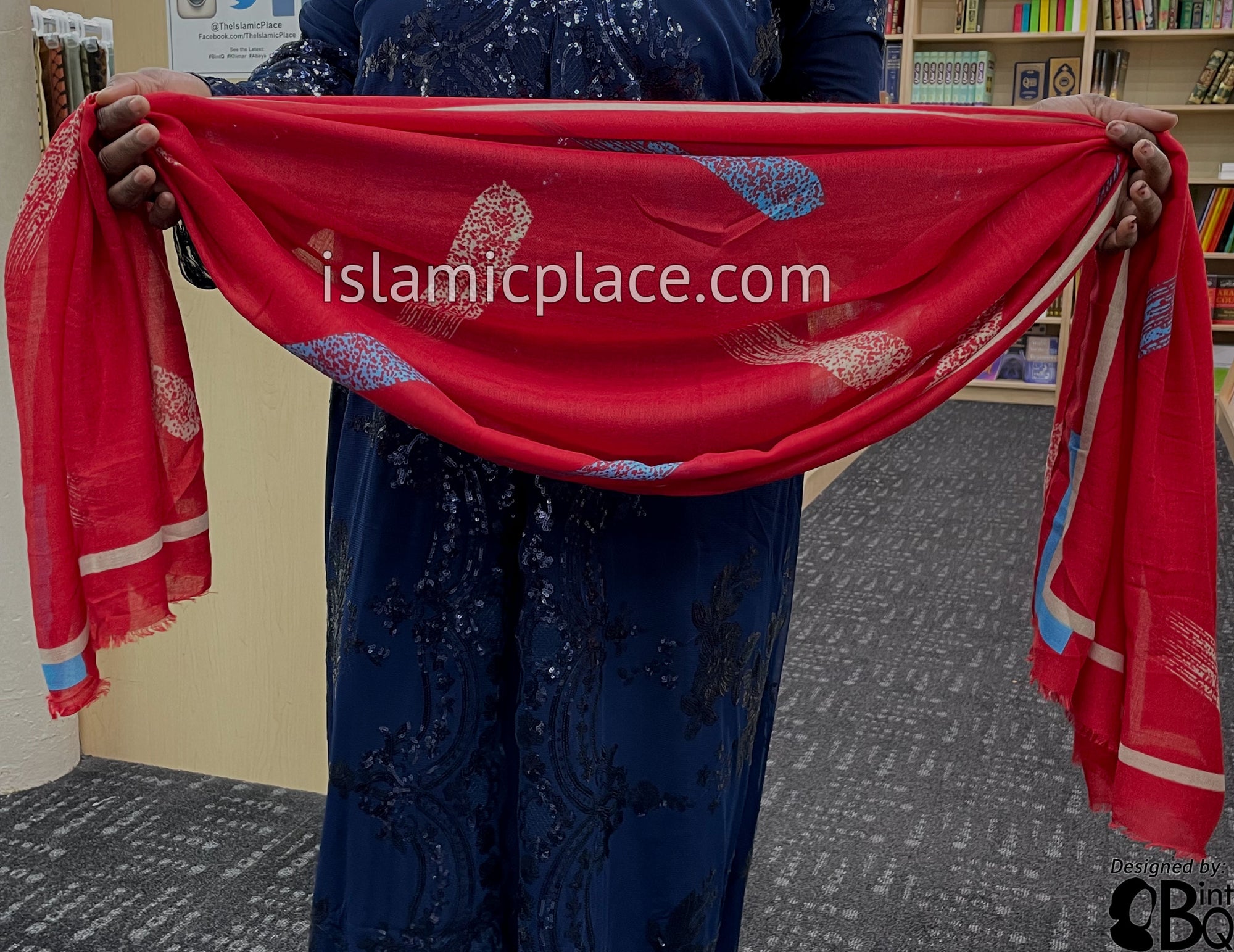 Red with Electric Blue and Oatmeal Paint Brush Stroke - Soft Viscose Printed Shayla Long Rectangle Hijab 34"x72"