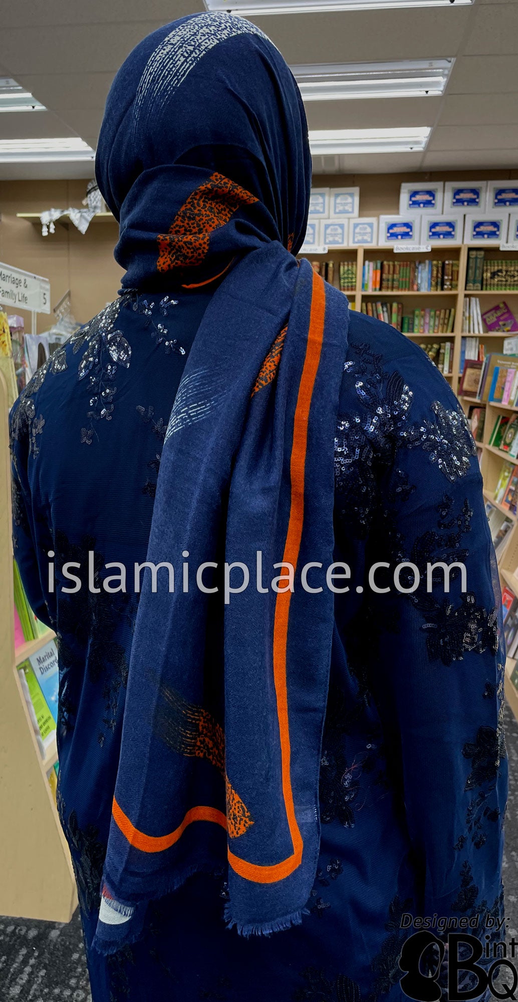 Navy with Orange and White Paint Brush Stroke - Soft Viscose Printed Shayla Long Rectangle Hijab 34"x72"