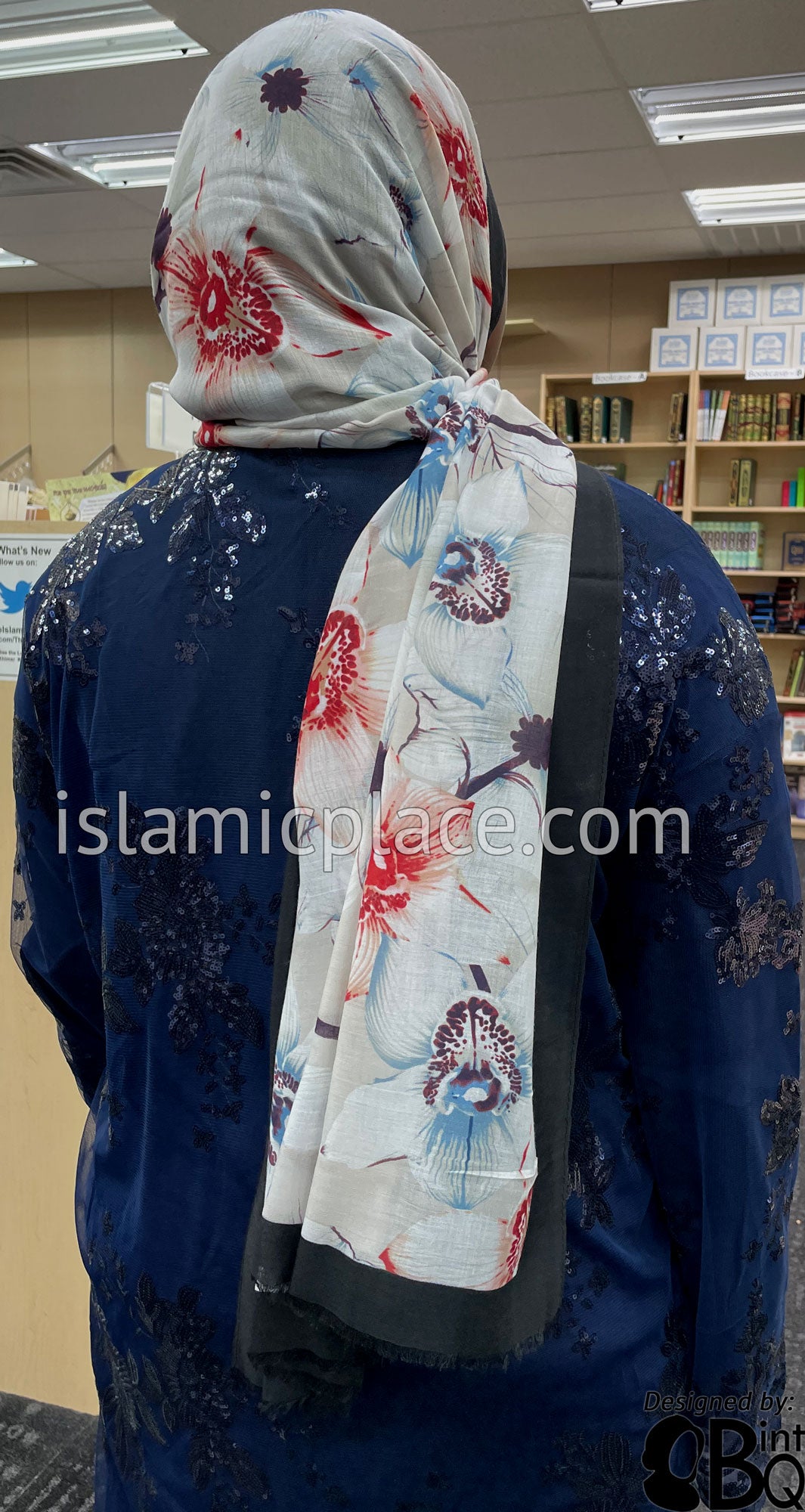 Black Border with Red, Plum and Blue Flower Branches - Soft Viscose Printed Shayla Long Rectangle Hijab 34&quot;x72&quot;