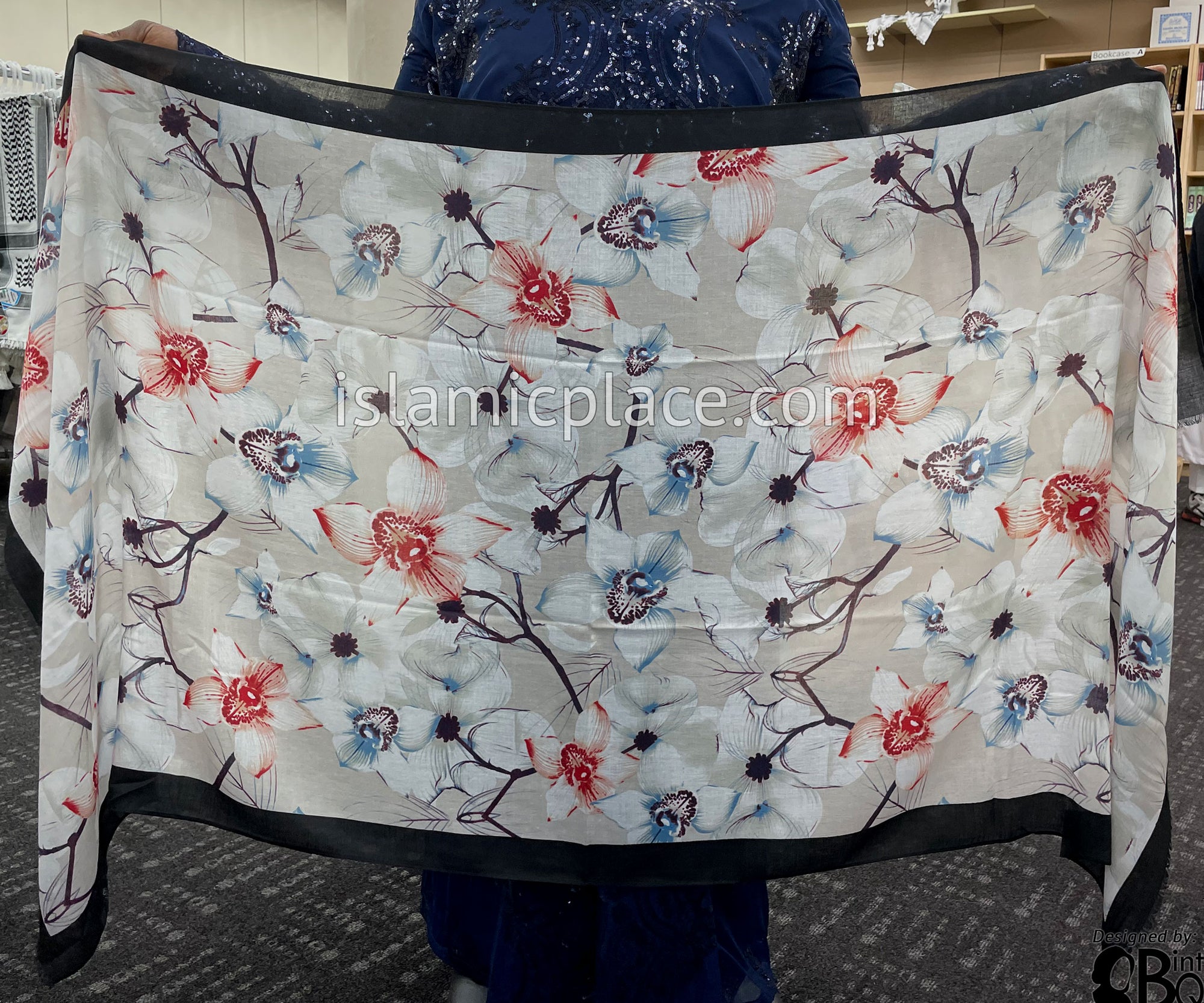 Black Border with Red, Plum and Blue Flower Branches - Soft Viscose Printed Shayla Long Rectangle Hijab 34"x72"