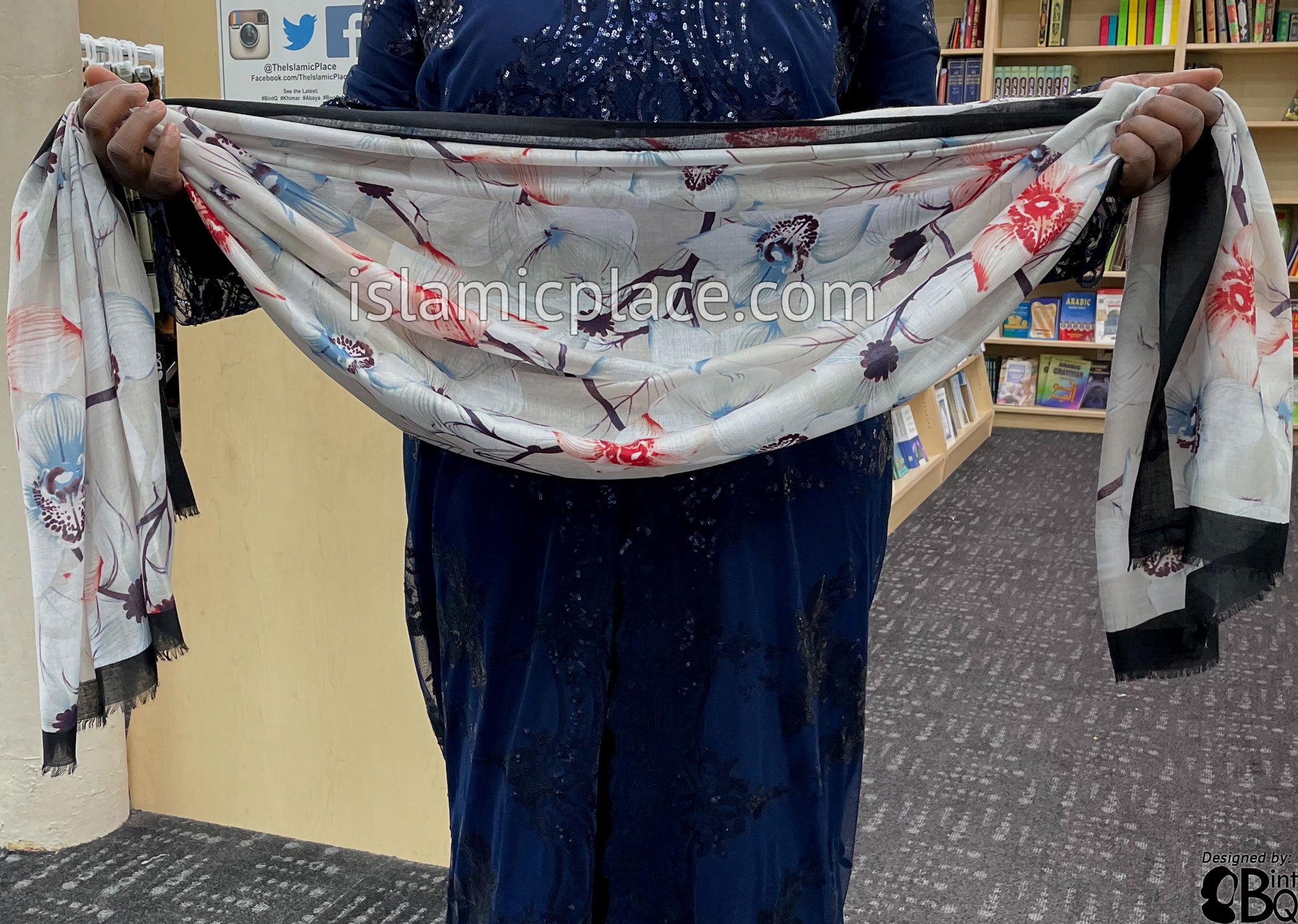 Black Border with Red, Plum and Blue Flower Branches - Soft Viscose Printed Shayla Long Rectangle Hijab 34"x72"