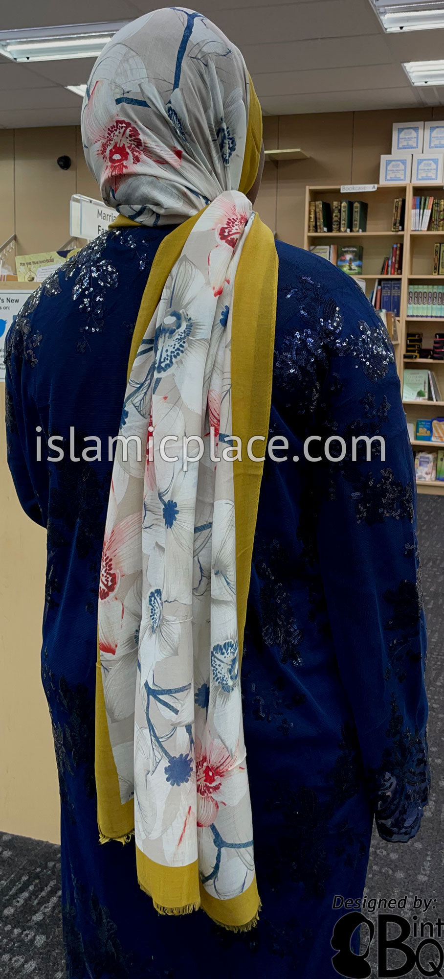 Gold Border with Red, Steel Blue and White Flower Branches - Soft Viscose Printed Shayla Long Rectangle Hijab 34"x72"