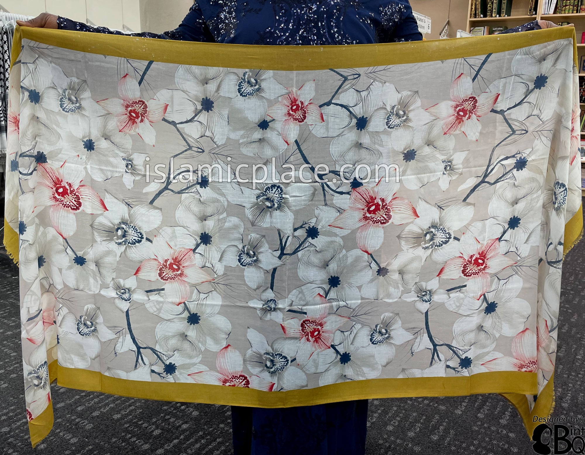 Gold Border with Red, Steel Blue and White Flower Branches - Soft Viscose Printed Shayla Long Rectangle Hijab 34"x72"