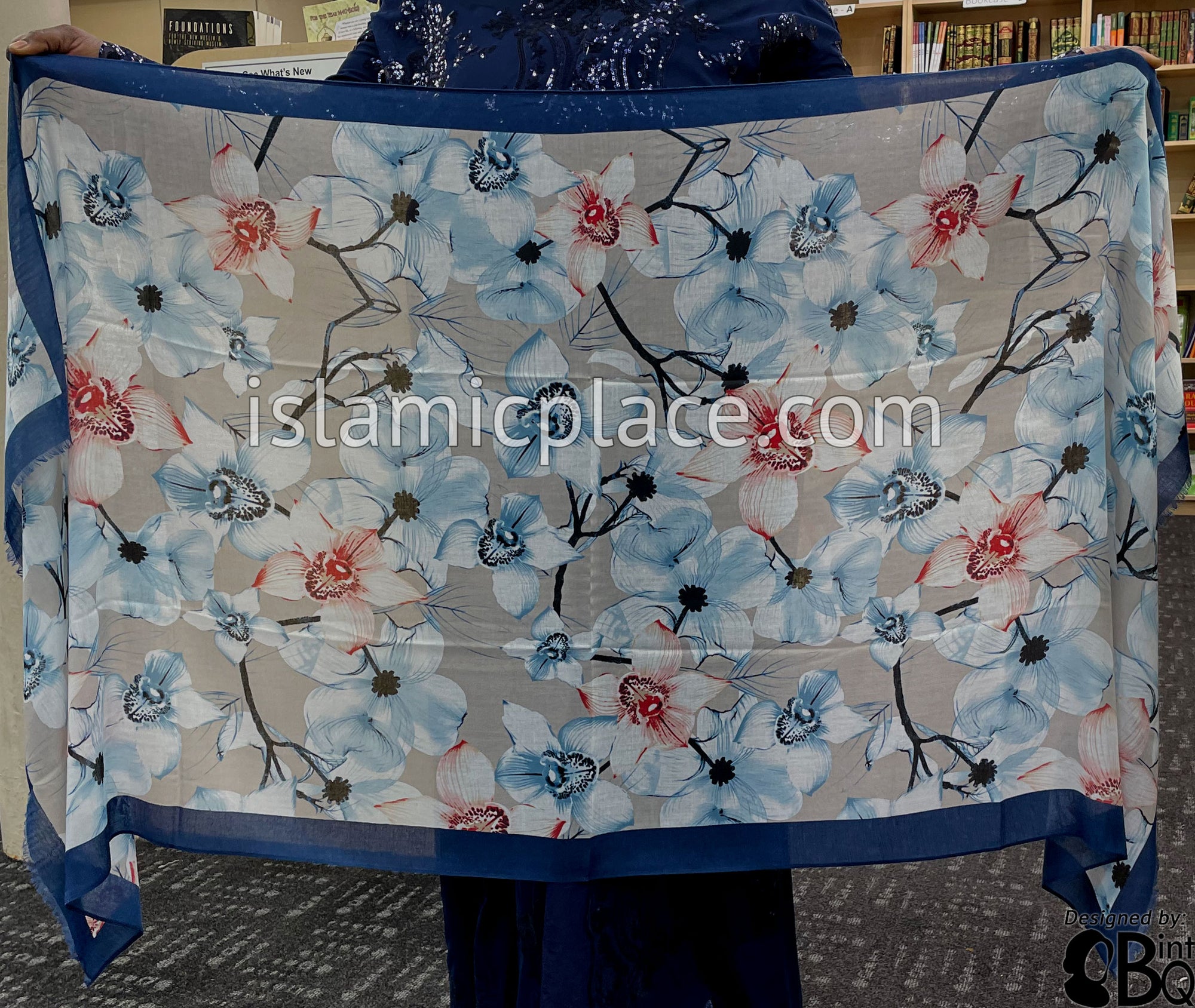 Navy Blue Border with Red, Sky Blue, Gray and Black Flower Branches - Soft Viscose Printed Shayla Long Rectangle Hijab 34"x72"