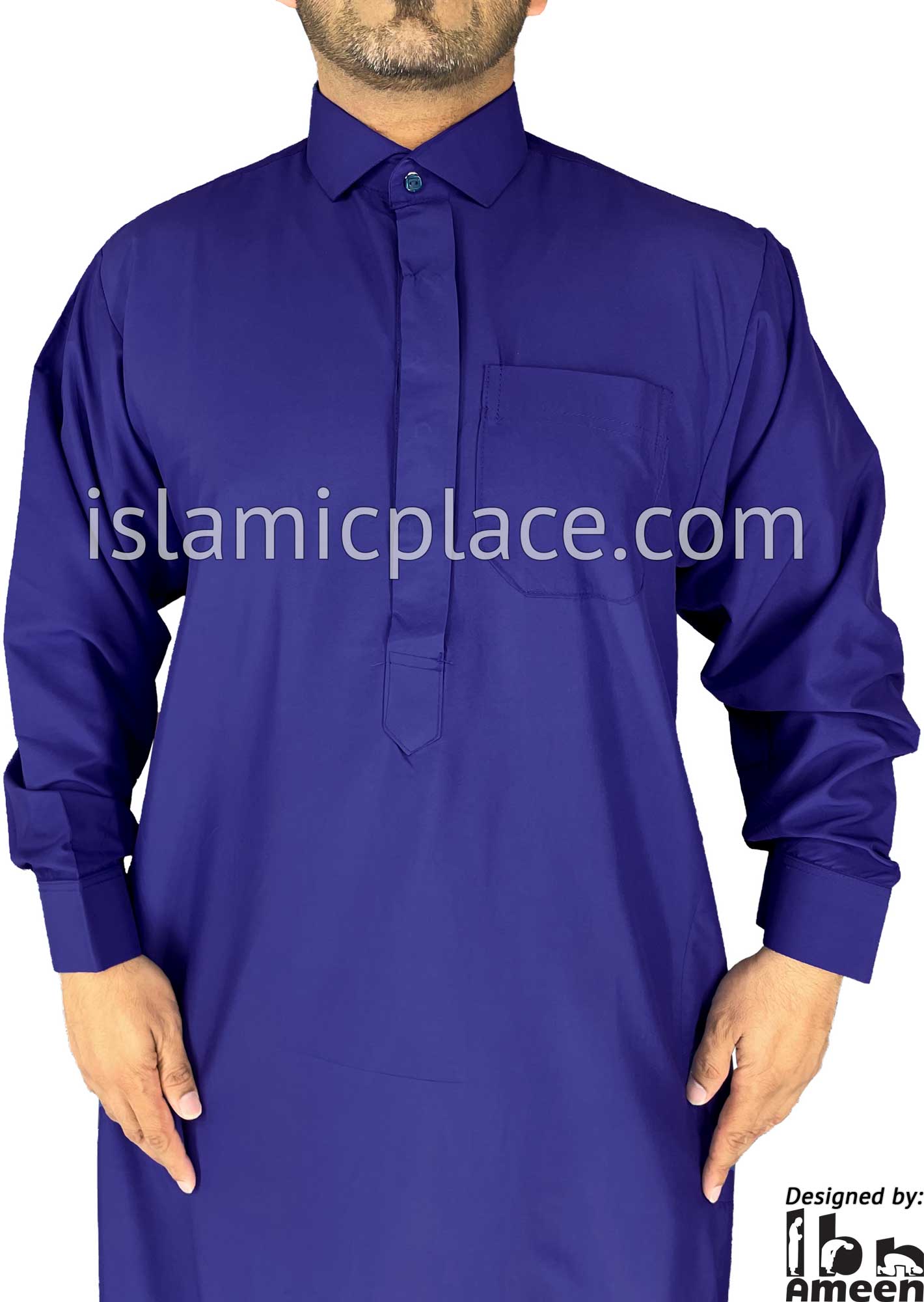 Royal Blue - Hassan Style Dress Shirt Collar Men Thob by Ibn Ameen