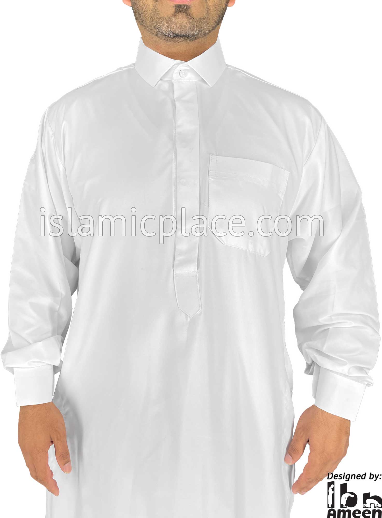 White - Hassan Style Dress Shirt Collar Men Thob by Ibn Ameen