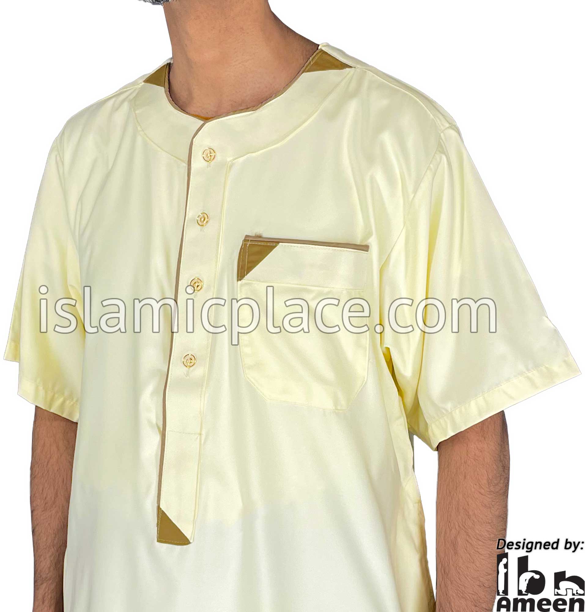 Cream - Munir Style Men Short Sleeve Thob by Ibn Ameen