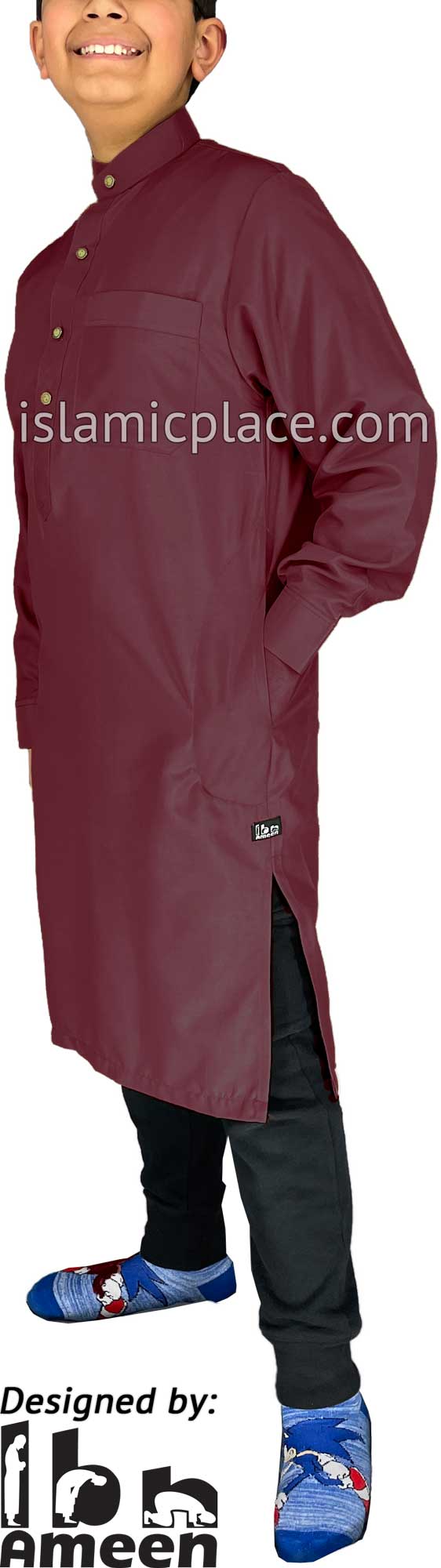 Burgundy - Boy&#39;s Saudi Ad-Daffah Plain Kameez by Ibn Ameen