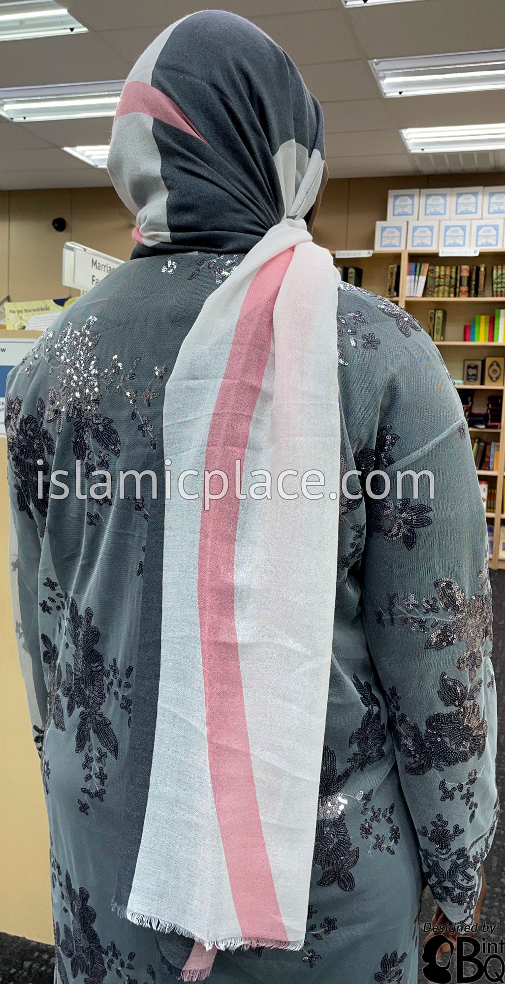 Pink Crossing Lines on Charcoal Gray and White - Soft Viscose Printed Shayla Long Rectangle Hijab 34&quot;x72&quot;