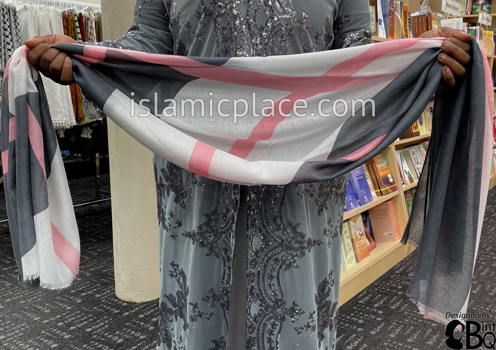 Pink Crossing Lines on Charcoal Gray and White - Soft Viscose Printed Shayla Long Rectangle Hijab 34"x72"