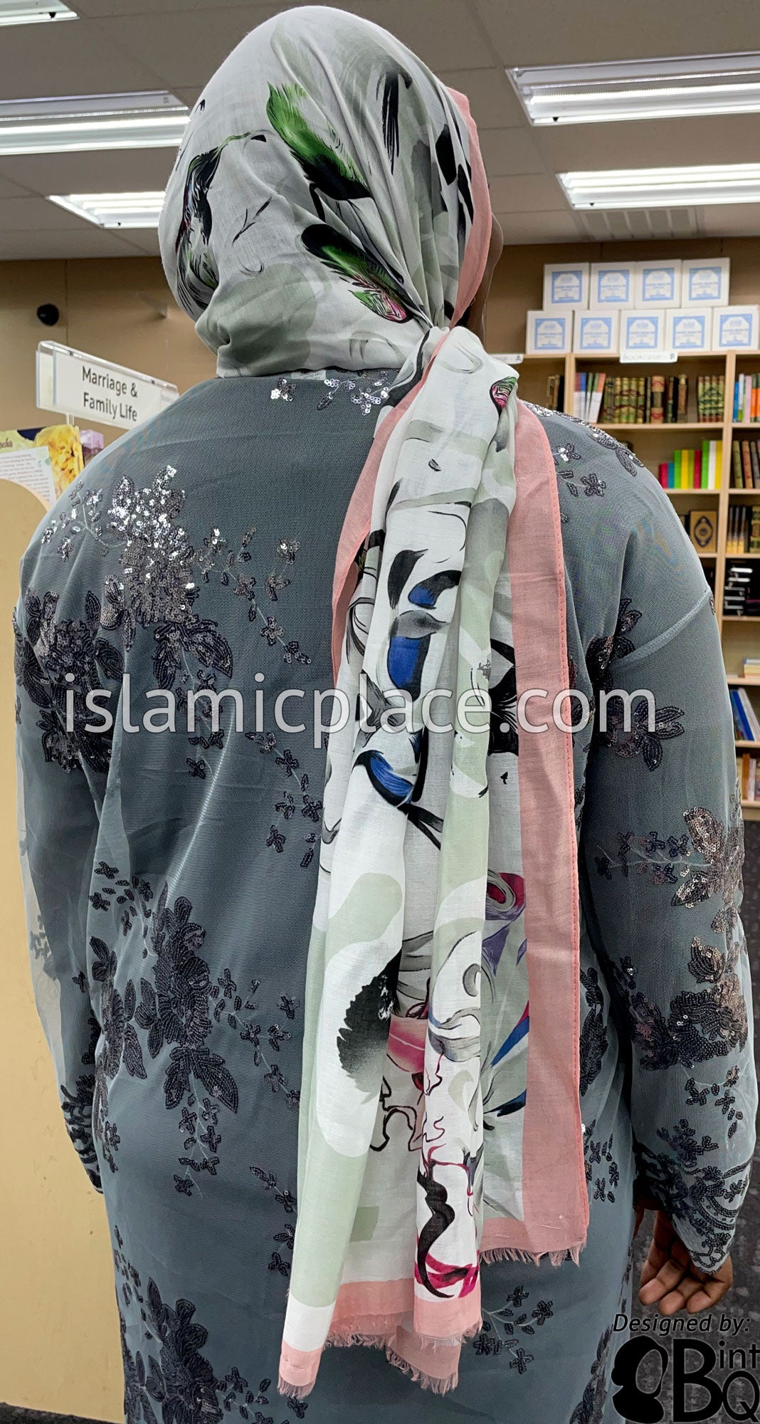 Pink, Sage Green, Navy Blue and Black Japanese Floral Garden - Soft Viscose Printed Shayla Long Rectangle Hijab 34&quot;x72&quot;