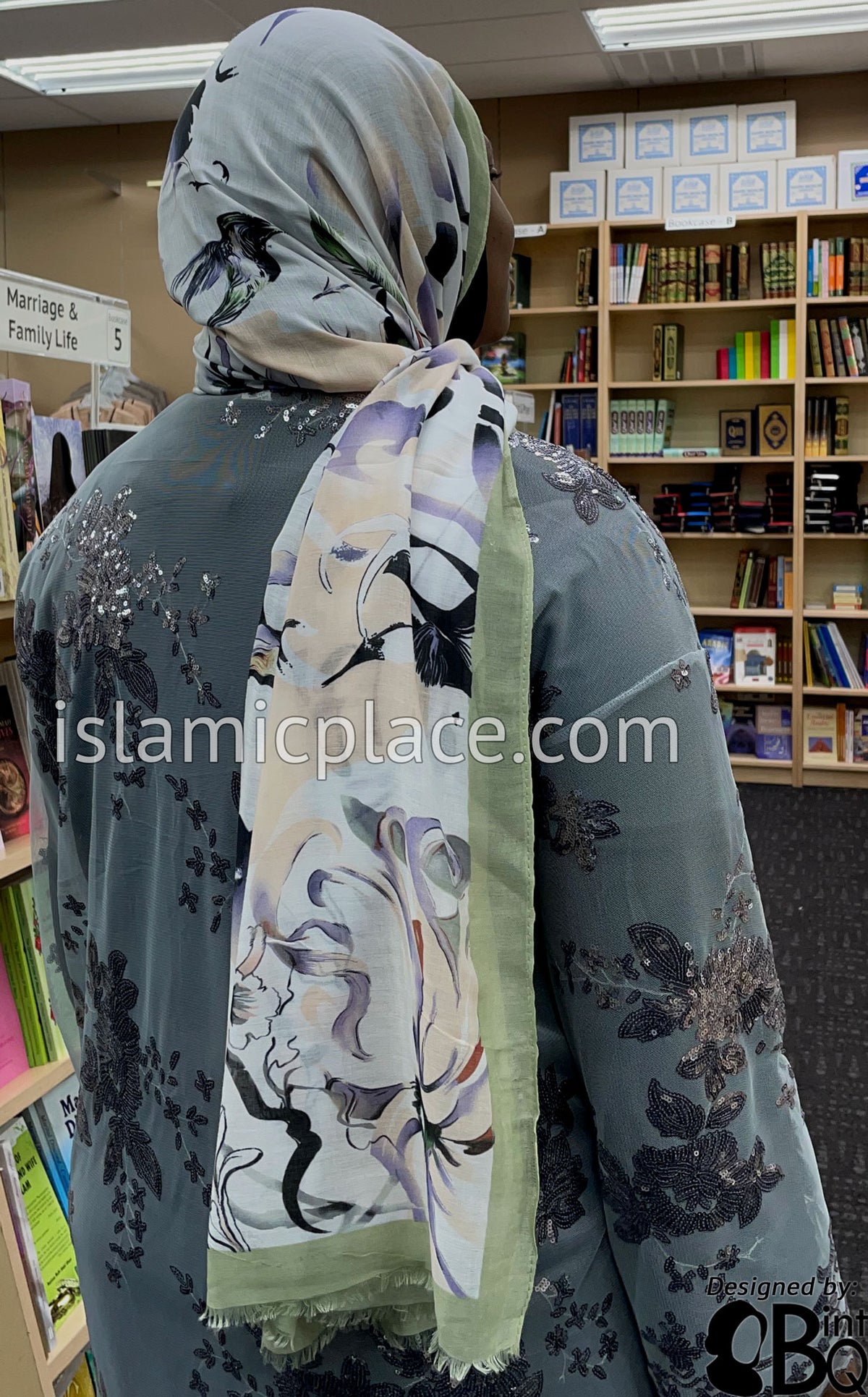 Mint Green, Warm Ivory, Lilac, Clay Red and Black Japanese Floral Garden - Soft Viscose Printed Shayla Long Rectangle Hijab 34&quot;x72&quot;