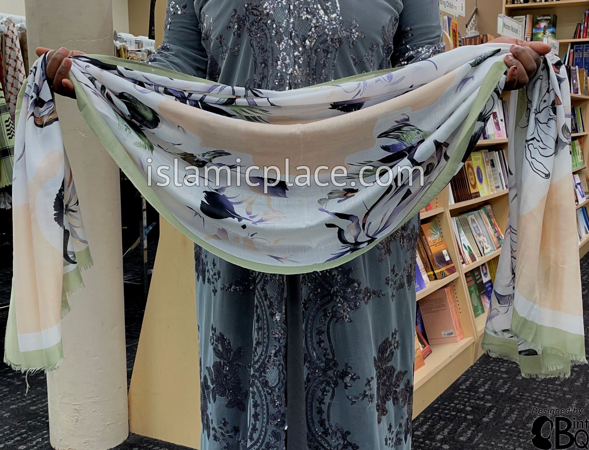 Mint Green, Warm Ivory, Lilac, Clay Red and Black Japanese Floral Garden - Soft Viscose Printed Shayla Long Rectangle Hijab 34"x72"