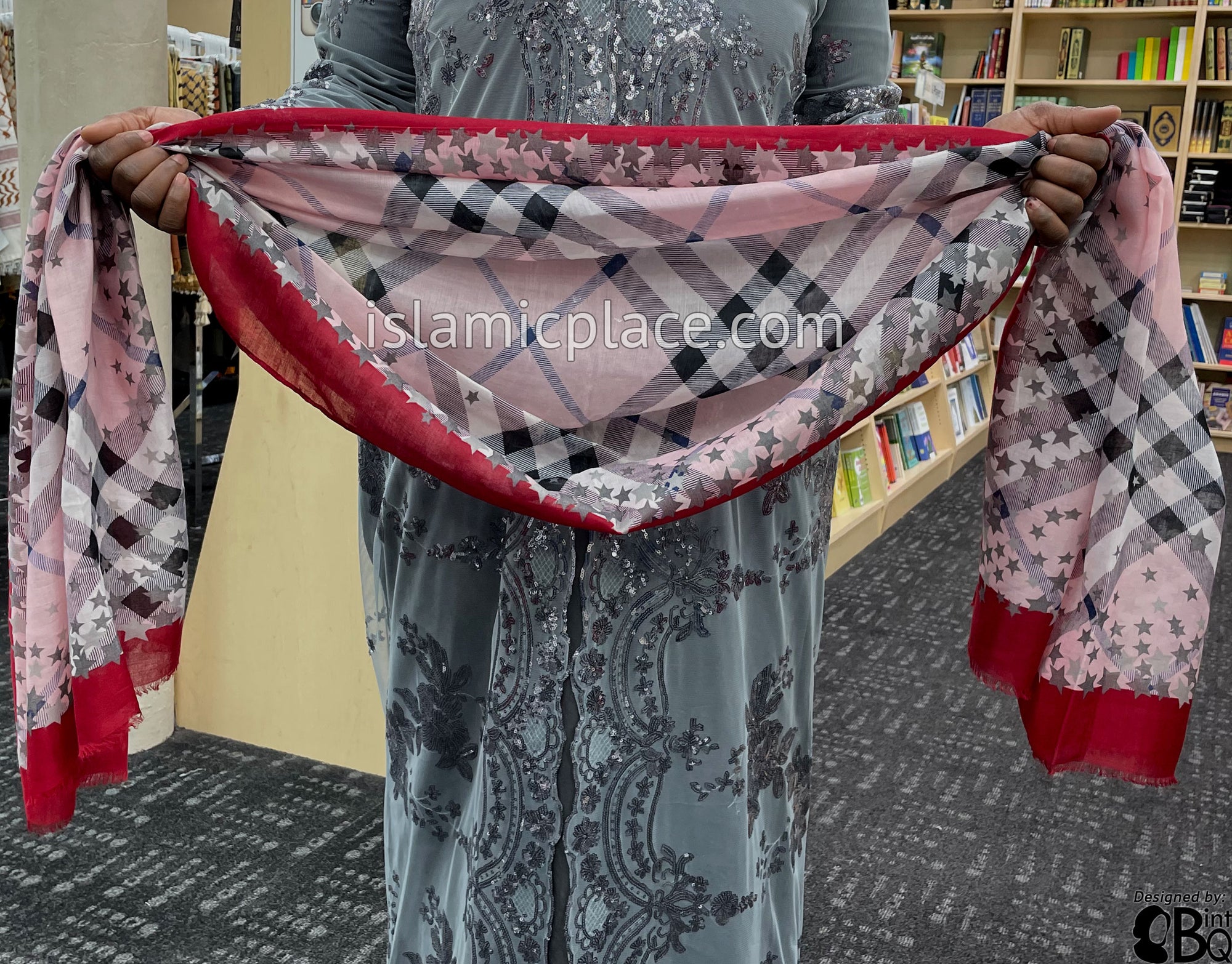 Burgundy, Pink, Navy Blue, Gray, Black and White Plaid with Star Border - Soft Viscose Printed Shayla Long Rectangle Hijab 34"x72"