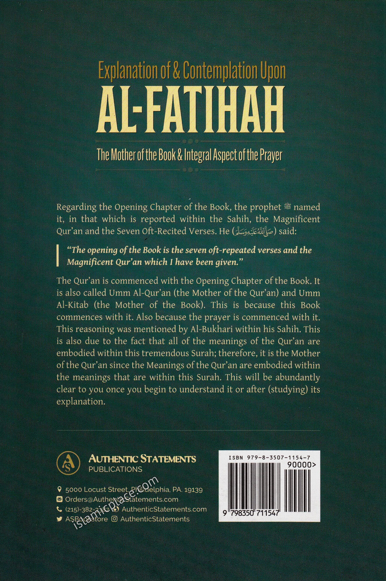 Explanation of & Contemplation Upon Al-Fatihah The Mother of the Book & Integral Aspect of the Prayer