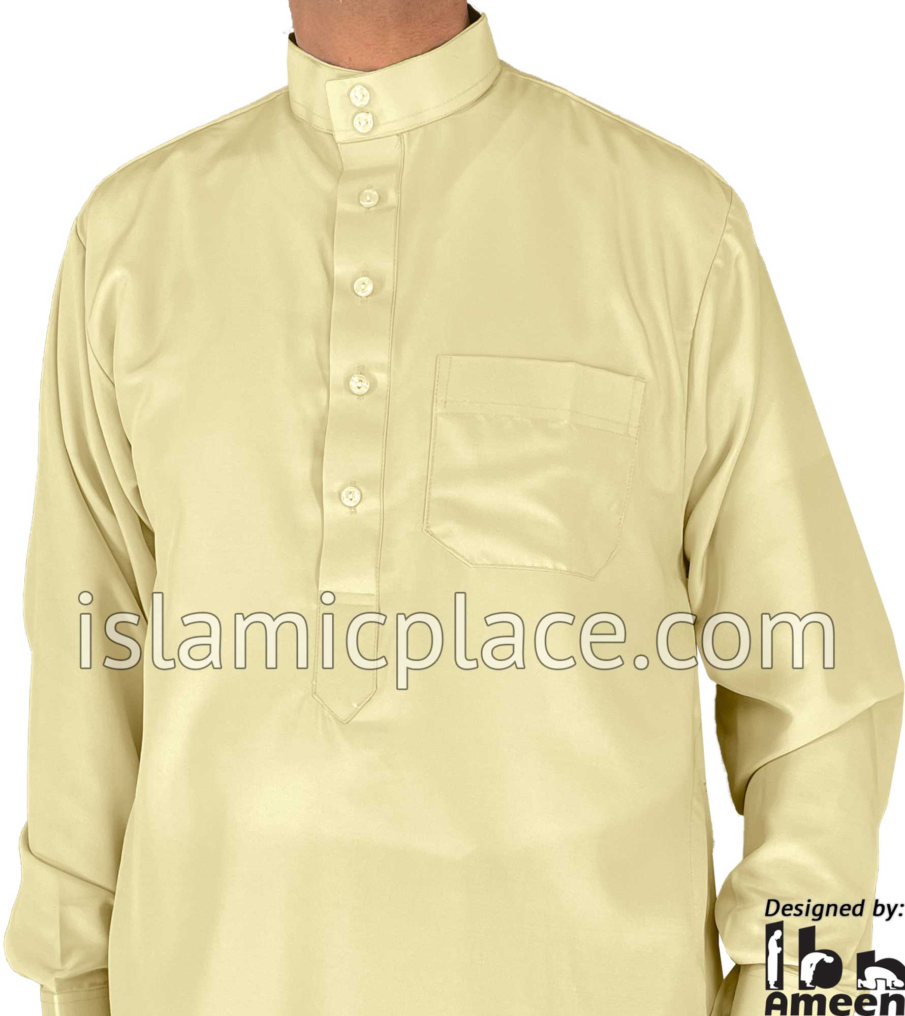 Cream - Men Saudi Ad-Daffah Plain Kameez by Ibn Ameen with Visible Buttons