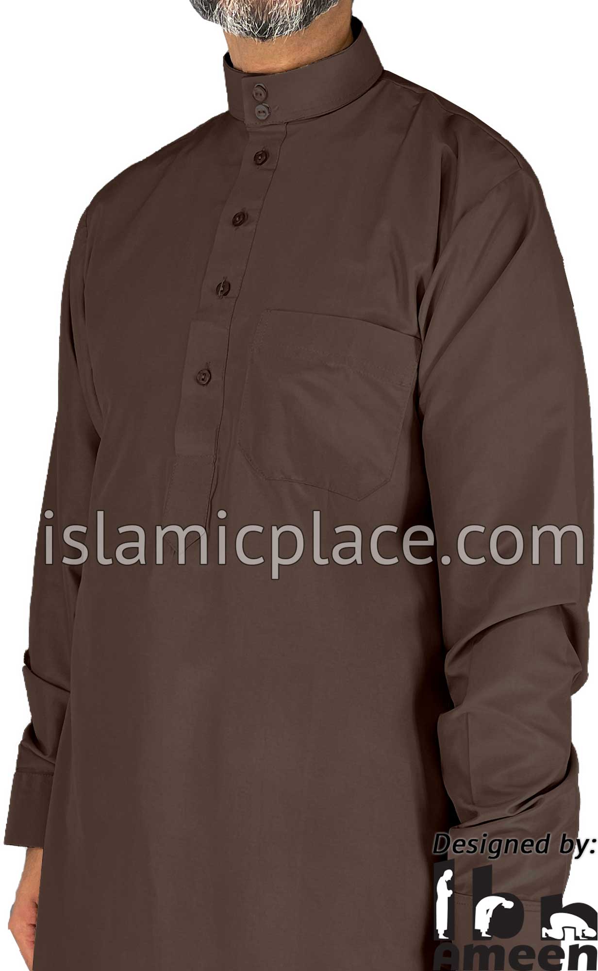 Brown - Men Saudi Ad-Daffah Plain Kameez by Ibn Ameen with Visible Buttons