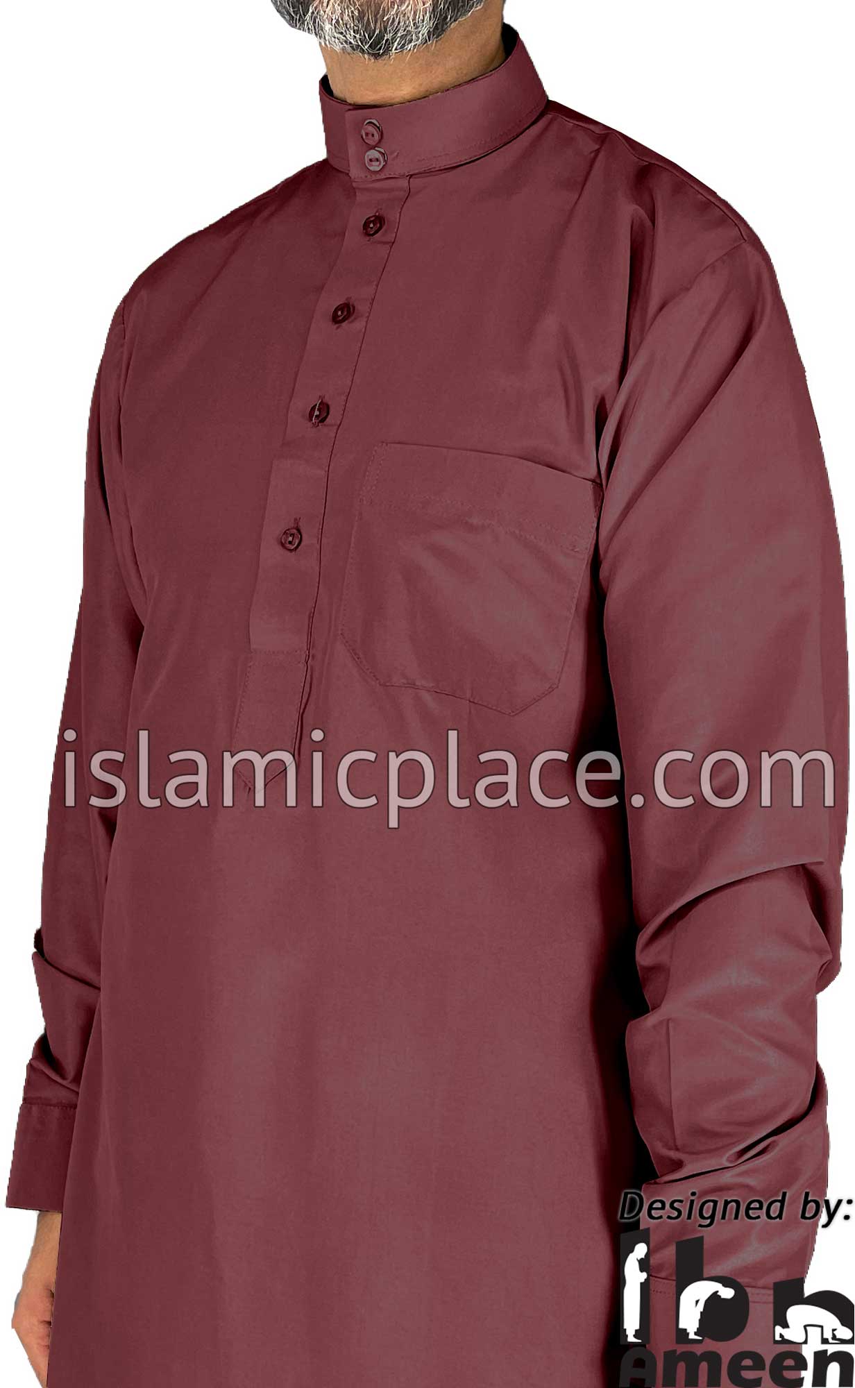 Burgundy - Men Saudi Ad-Daffah Plain Kameez by Ibn Ameen with Visible Buttons