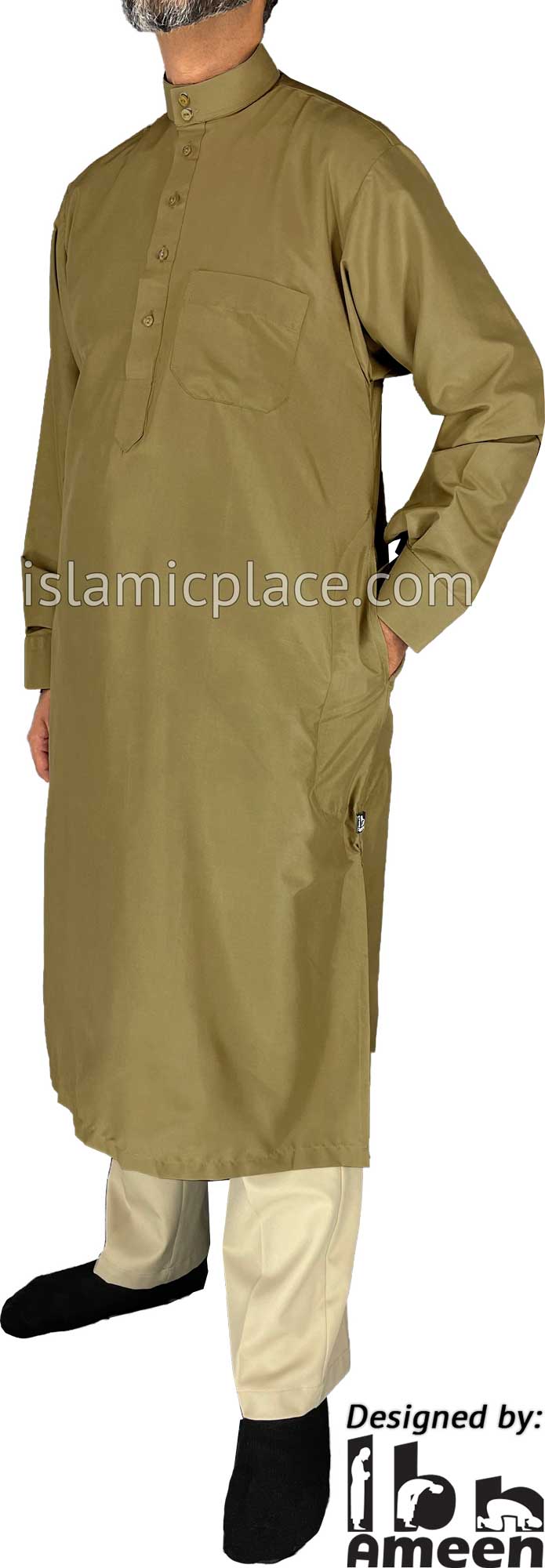 Dark Khaki - Men Saudi Ad-Daffah Plain Kameez by Ibn Ameen with Visible Buttons