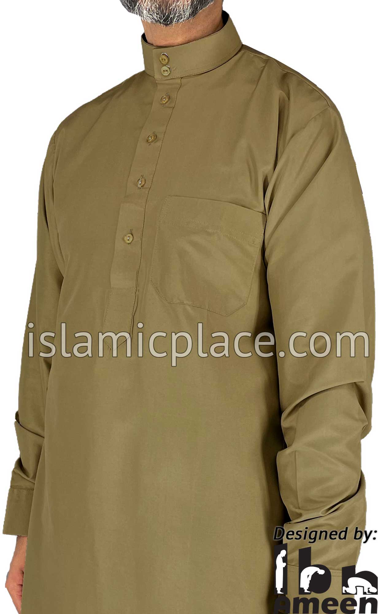 Dark Khaki - Men Saudi Ad-Daffah Plain Kameez by Ibn Ameen with Visible Buttons