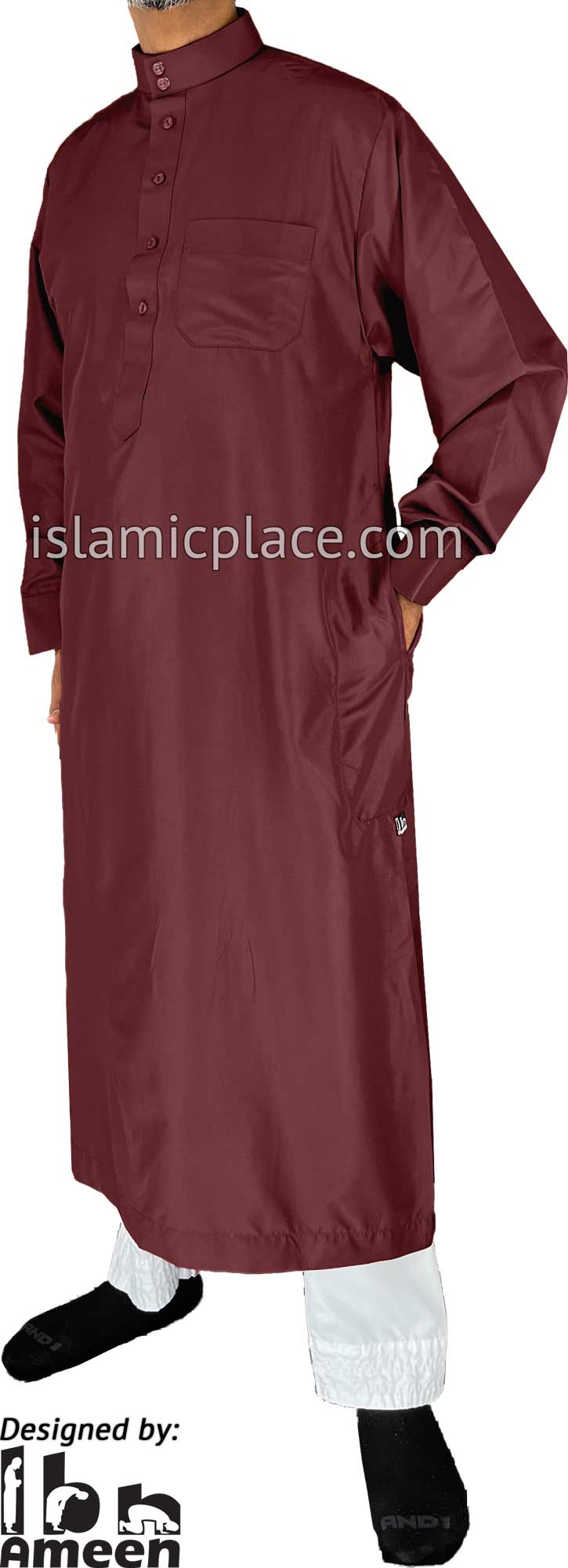 Burgundy - Men Saudi Ad-Daffah LT Thob by Ibn Ameen with Visible Buttons - IA3