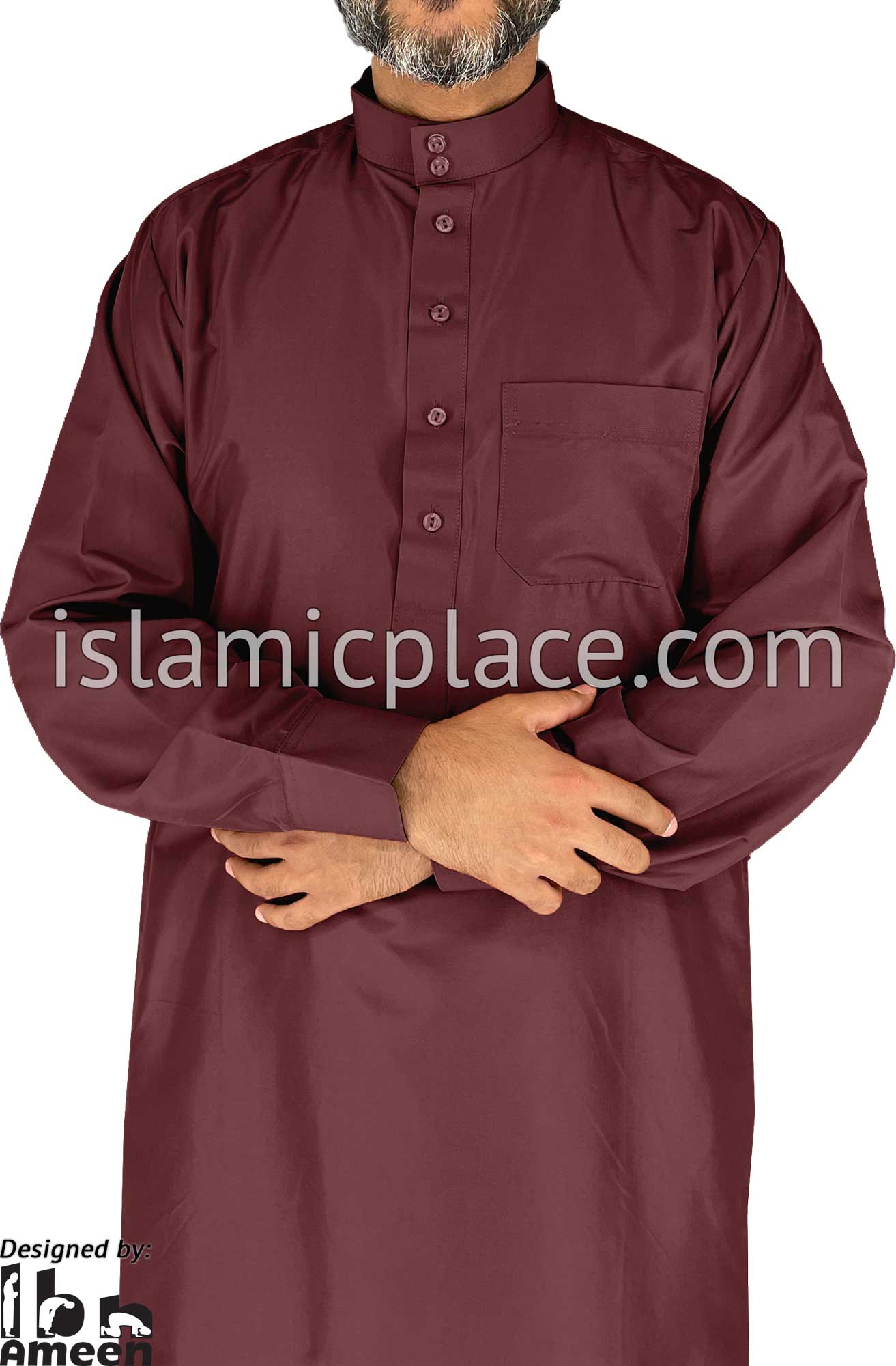 Burgundy - Men Saudi Ad-Daffah LT Thob by Ibn Ameen with Visible Buttons - IA3