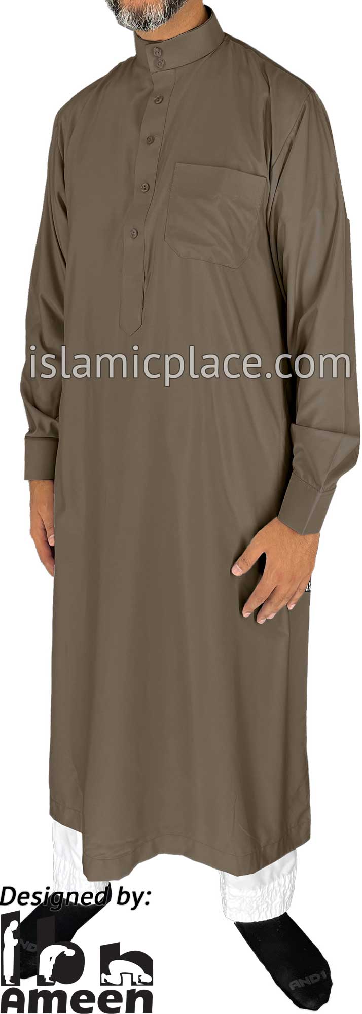 Taupe - Men Saudi Ad-Daffah LT Thob by Ibn Ameen with Visible Buttons - IA3