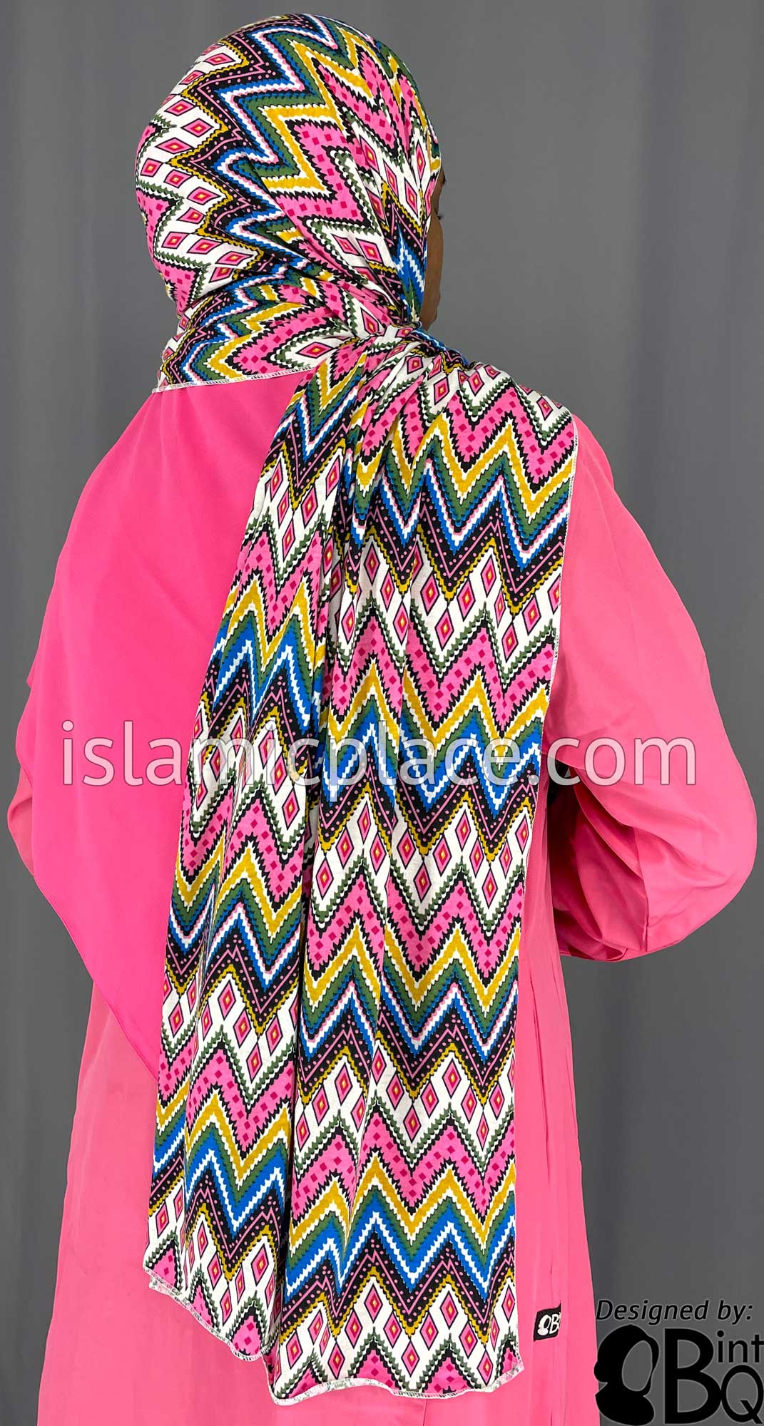 Bubblegum Pink, Mustard and Cobalt Blue Zigzag Design - Print Jersey Shayla Long Rectangle Hijab 30&quot;x70&quot;