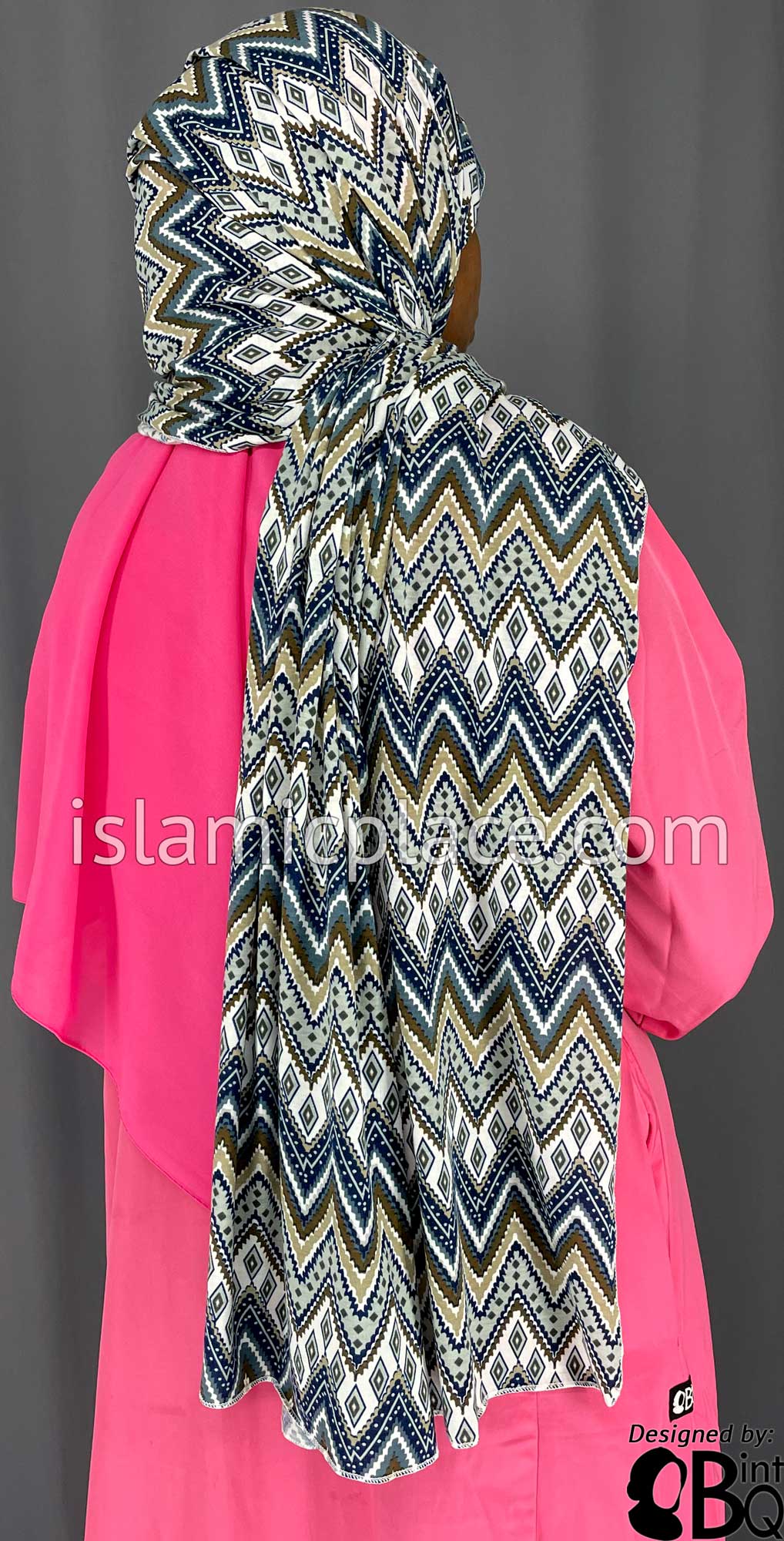 Navy Blue, Graphite Gray and Oyster Zigzag Design - Print Jersey Shayla Long Rectangle Hijab 30&quot;x70&quot;