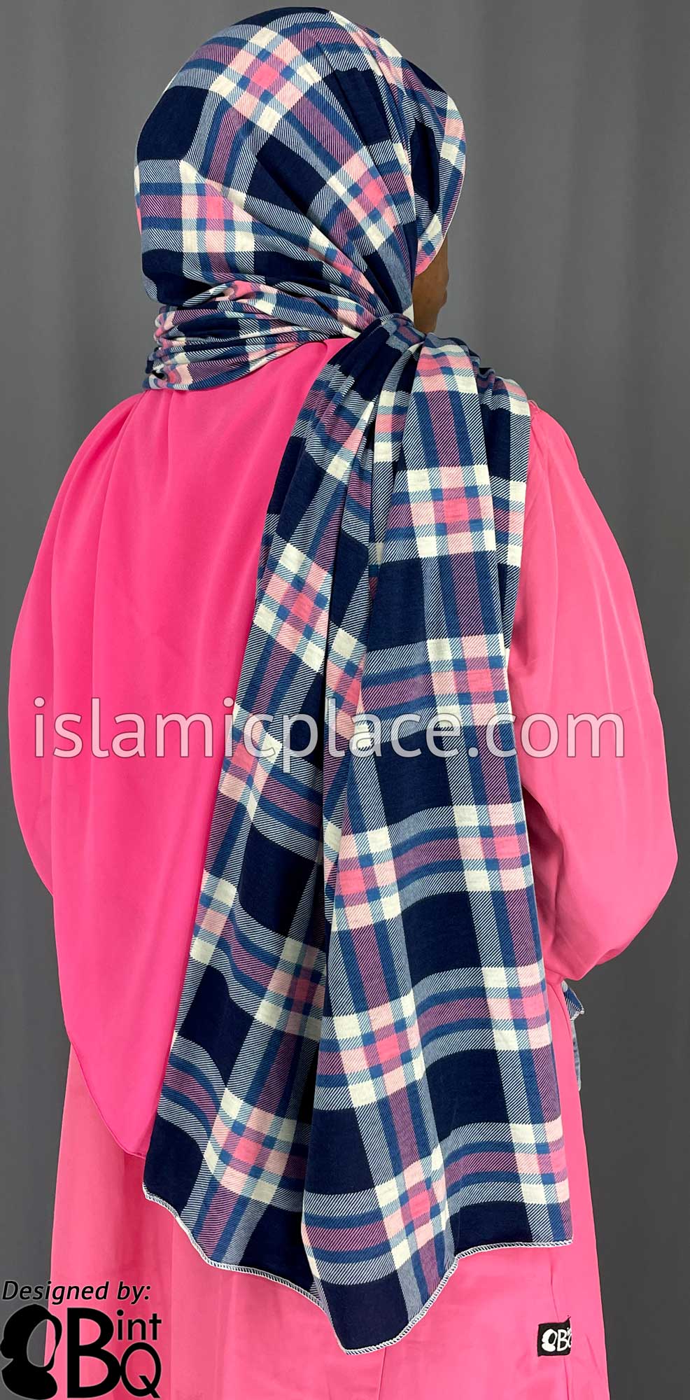 Navy Blue, Off-White and Pink Plaid - Print Jersey Shayla Long Rectangle Hijab 30&quot;x70&quot;