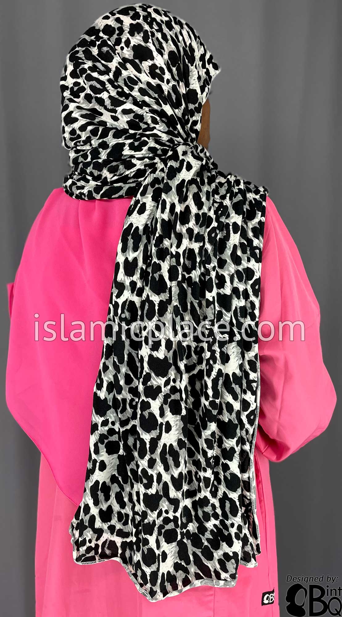 Black and Gray Animal Print on White Base - Print Jersey Shayla Long Rectangle Hijab 30&quot;x70&quot;