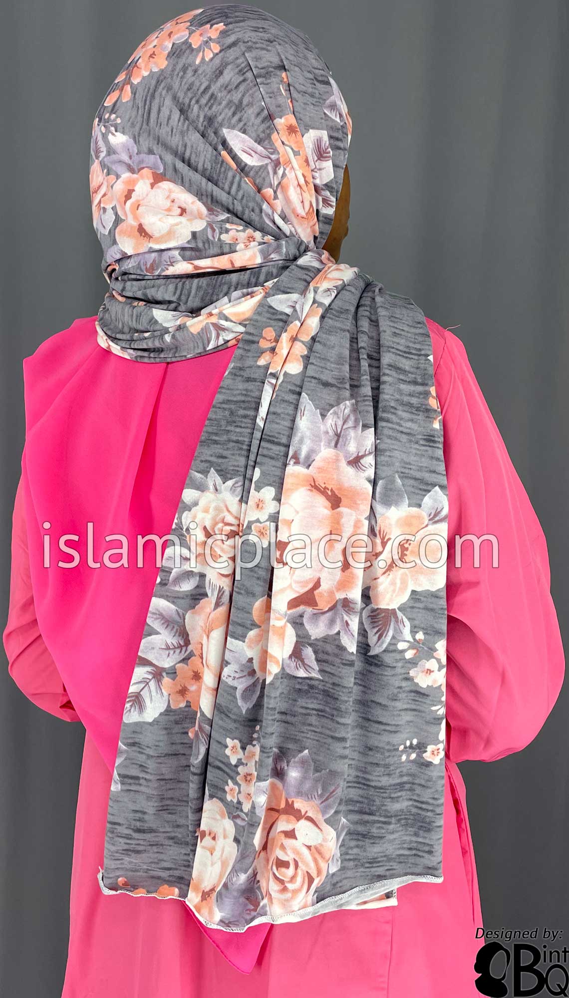 White and Light Coral Floral Design on Gray Base - Print Jersey Shayla Long Rectangle Hijab 30&quot;x70&quot;