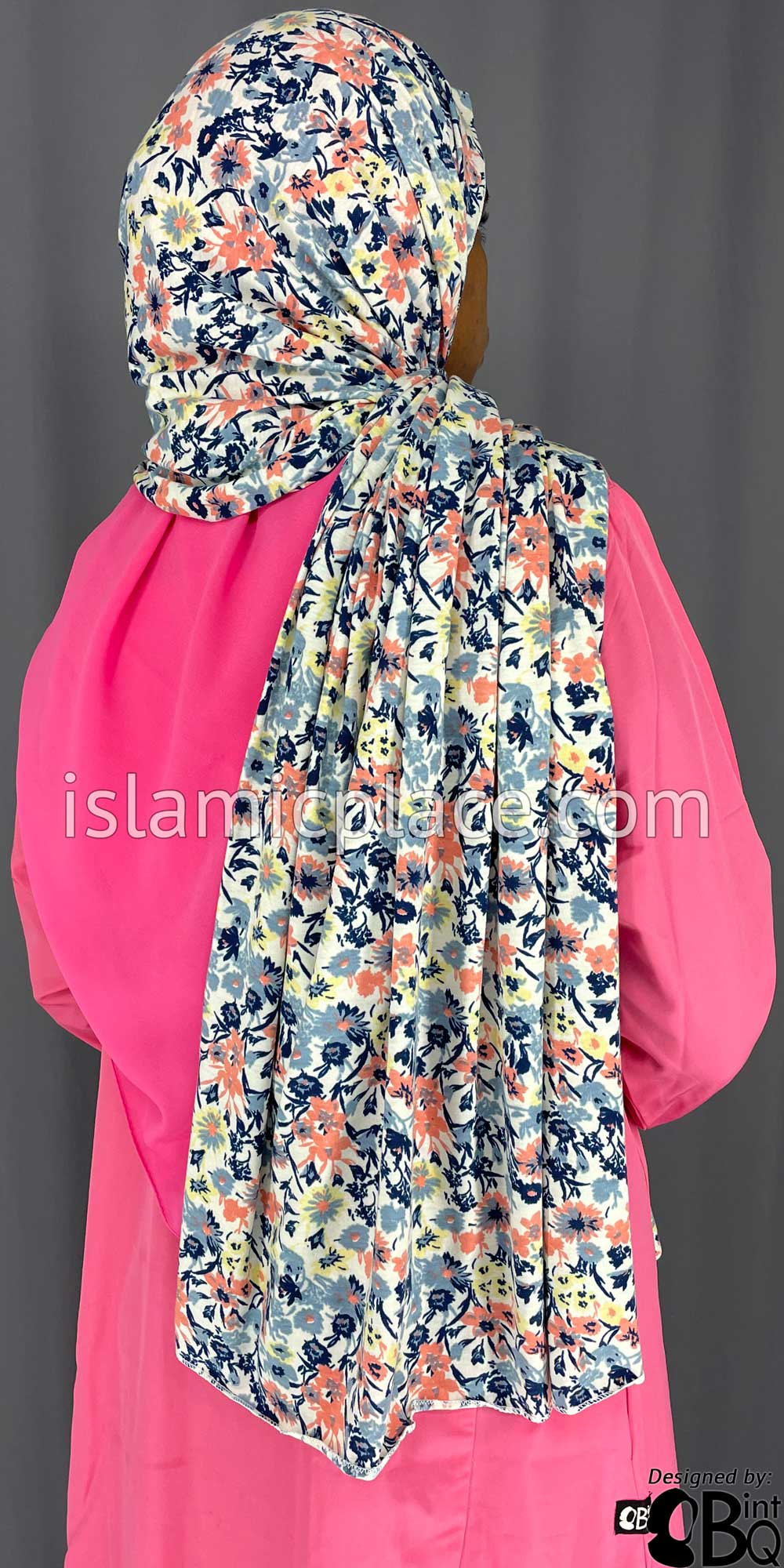 Navy Blue, Coral, and Yellow Floral Design - Print Jersey Shayla Long Rectangle Hijab 30&quot;x70&quot;