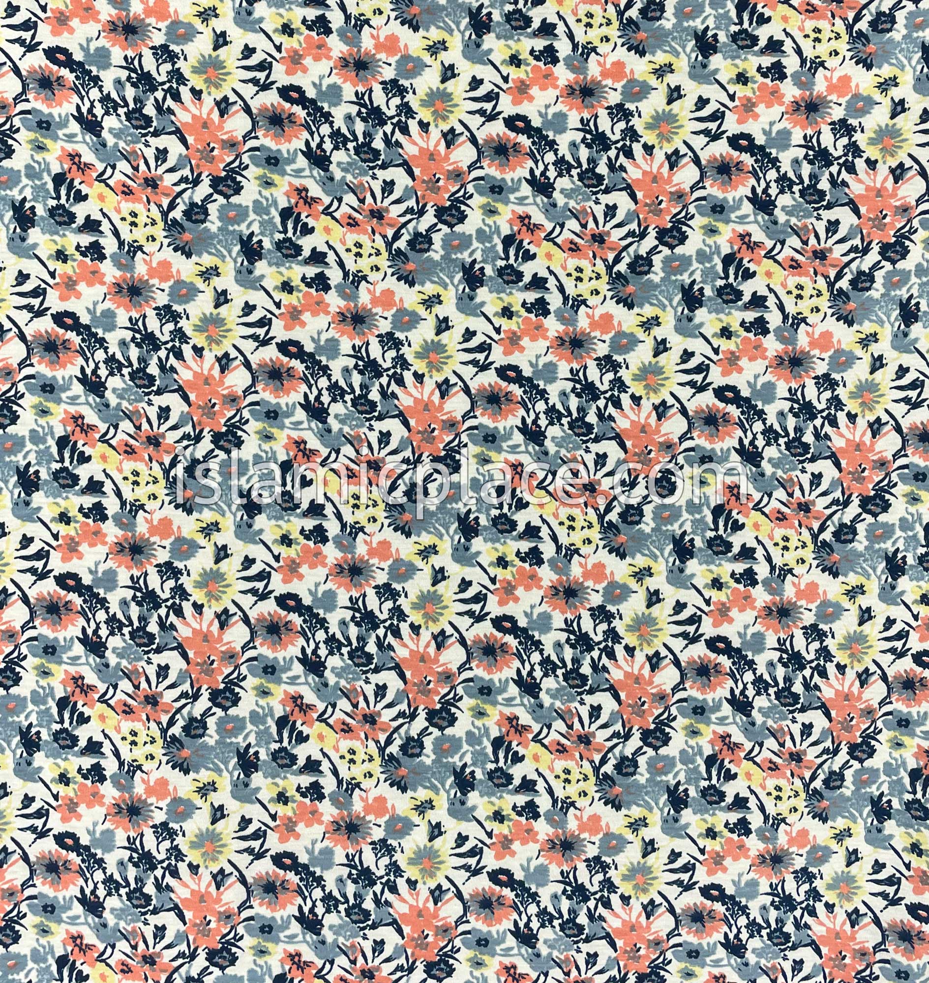 Navy Blue, Coral, and Yellow Floral Design - Print Jersey Shayla Long Rectangle Hijab 30"x70"