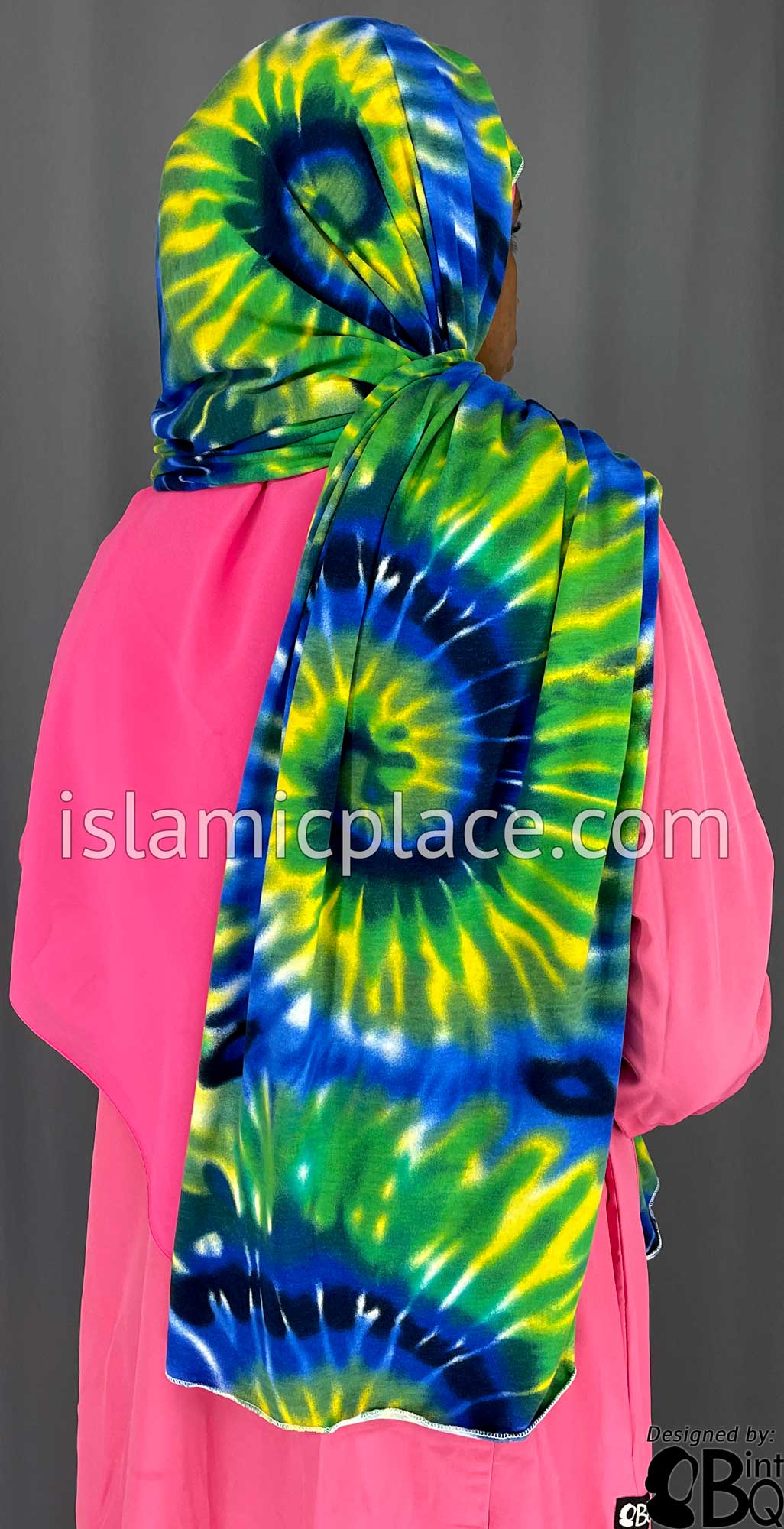 Navy Blue, Green and Yellow Sunbust Tie-Dye Design - Print Jersey Shayla Long Rectangle Hijab 30&quot;x70&quot;