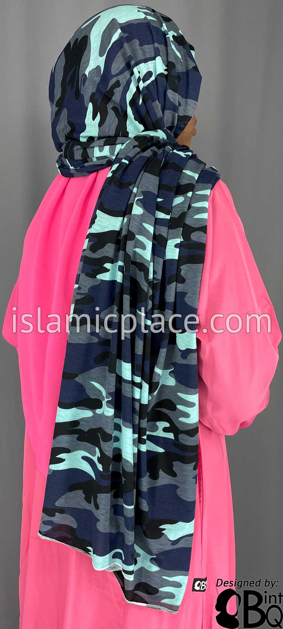 Navy Blue, Charcoal Gray and Baby Blue Cameoflage Design - Print Jersey Shayla Long Rectangle Hijab 30&quot;x70&quot;