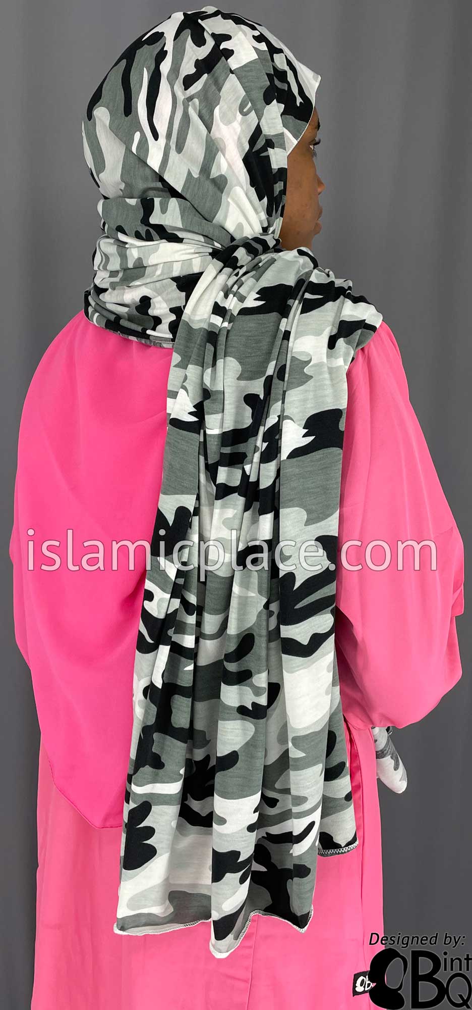 Black, Charcoal Gray and Silver Gray Cameoflage Design - Print Jersey Shayla Long Rectangle Hijab 30&quot;x70&quot;