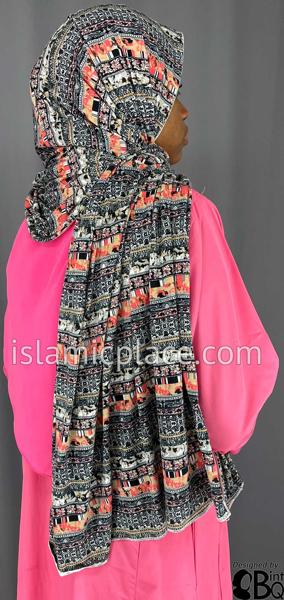 Black, Gray and Coral Multi Pattern - Print Jersey Shayla Long Rectangle Hijab 30&quot;x70&quot;