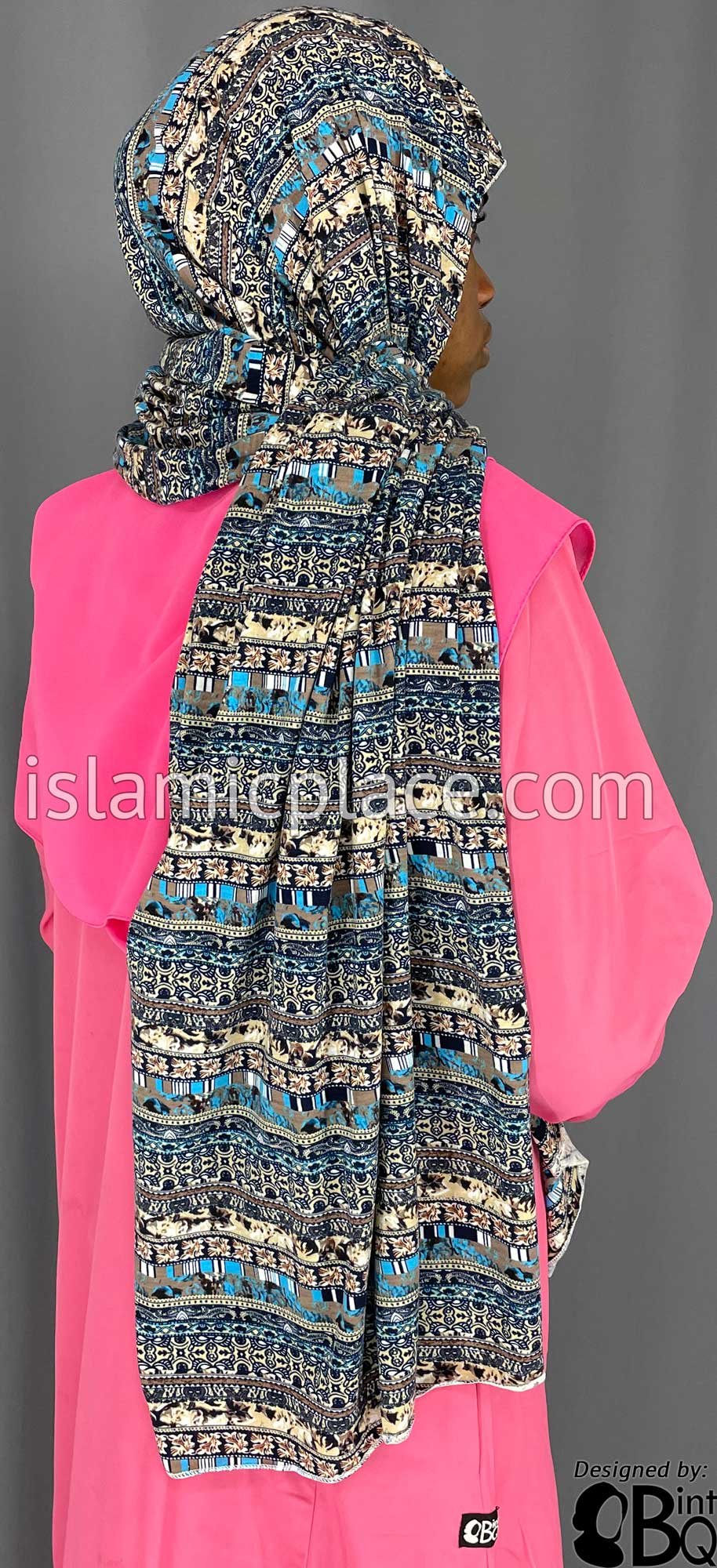 Navy Blue, Tan and Aqua Blue Multi Pattern - Print Jersey Shayla Long Rectangle Hijab 30&quot;x70&quot;