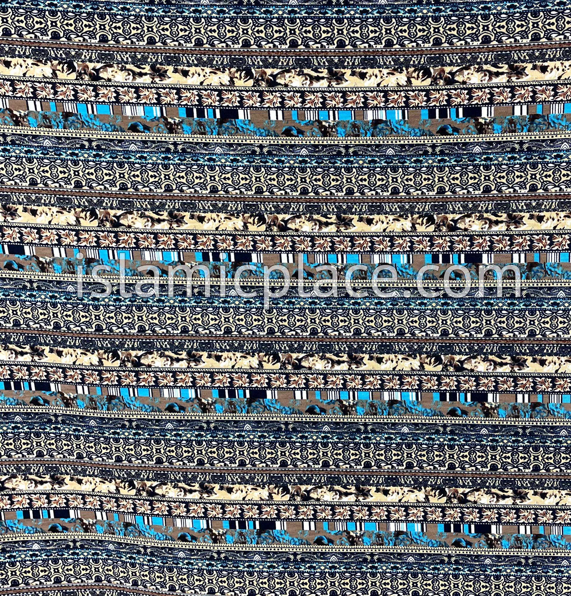 Navy Blue, Tan and Aqua Blue Multi Pattern - Print Jersey Shayla Long Rectangle Hijab 30"x70"