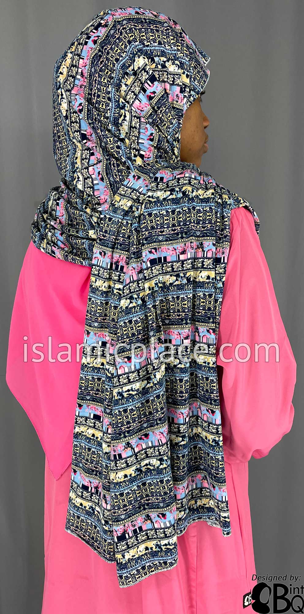 Navy Blue, Tan and Pink Multi Pattern - Print Jersey Shayla Long Rectangle Hijab 30&quot;x70&quot;