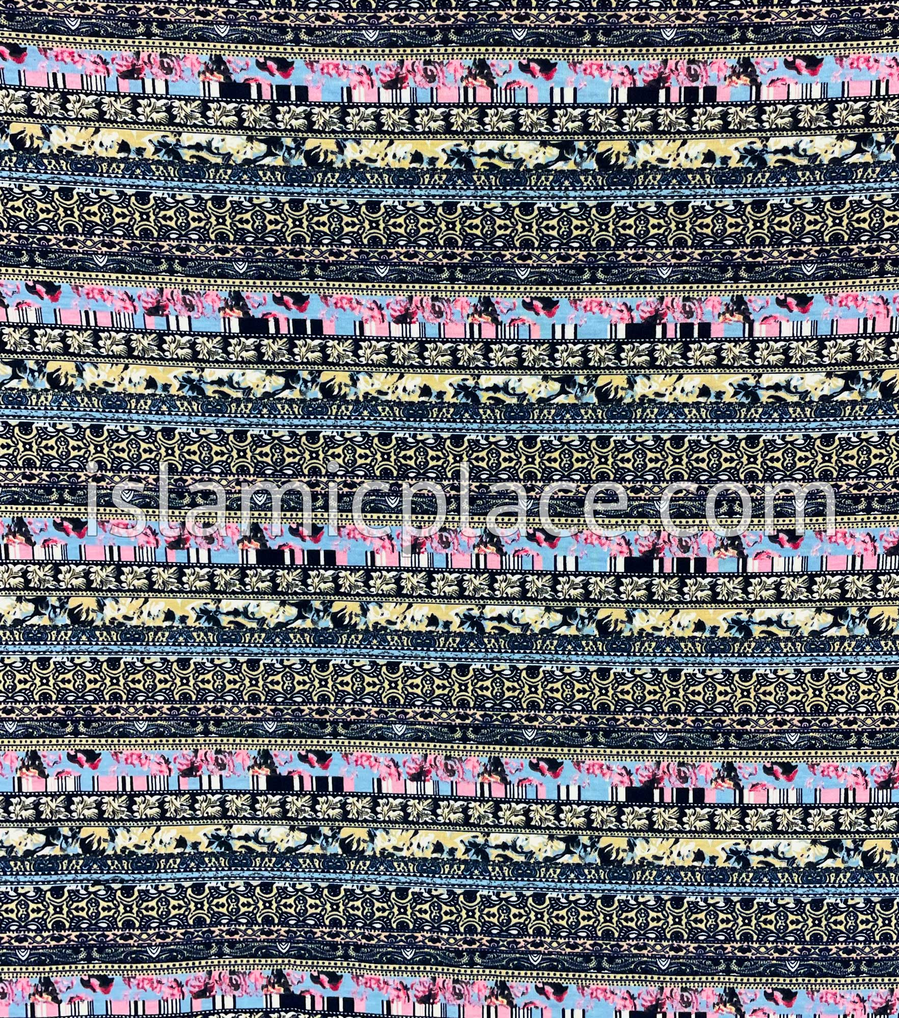 Navy Blue, Tan and Pink Multi Pattern - Print Jersey Shayla Long Rectangle Hijab 30"x70"