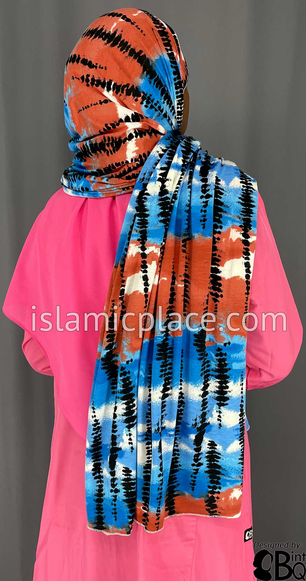 Shades of Blue, Clay Red and Black Tie-Dye Design - Print Jersey Shayla Long Rectangle Hijab 30&quot;x70&quot;