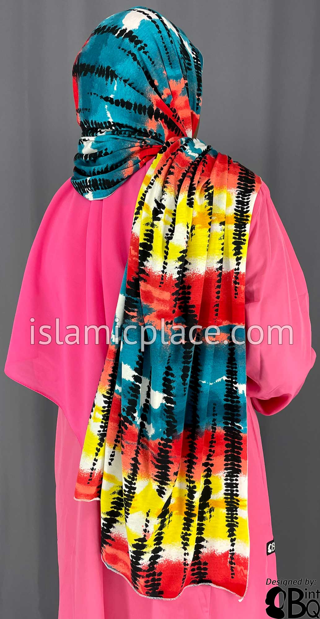 Teal Blue, Red, Yellow and Black Tie-Dye Design - Print Jersey Shayla Long Rectangle Hijab 30&quot;x70&quot;