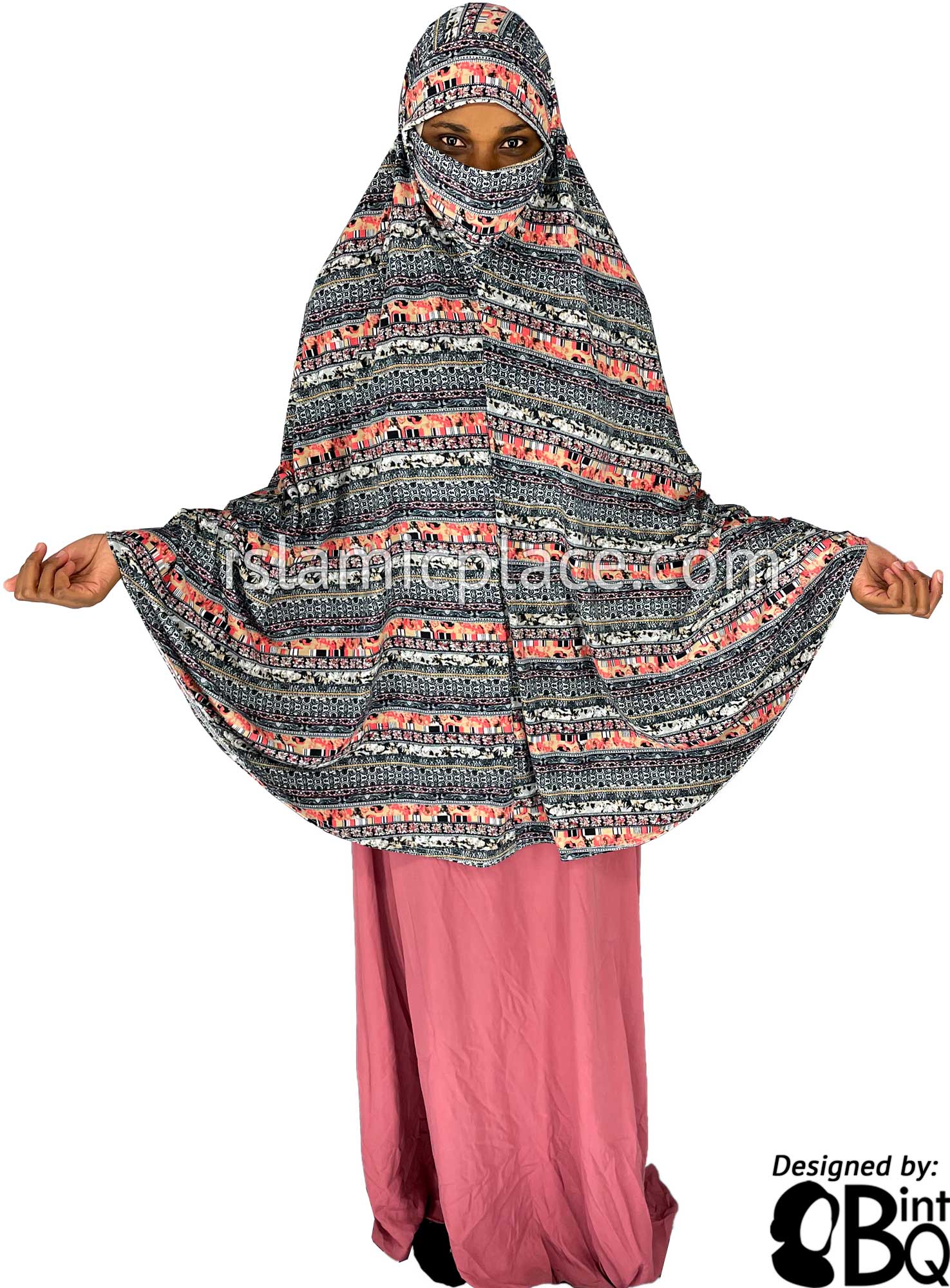 Black, Gray and Coral Multi Pattern - Printed Overhead Khimar - Extra Long Knee Length