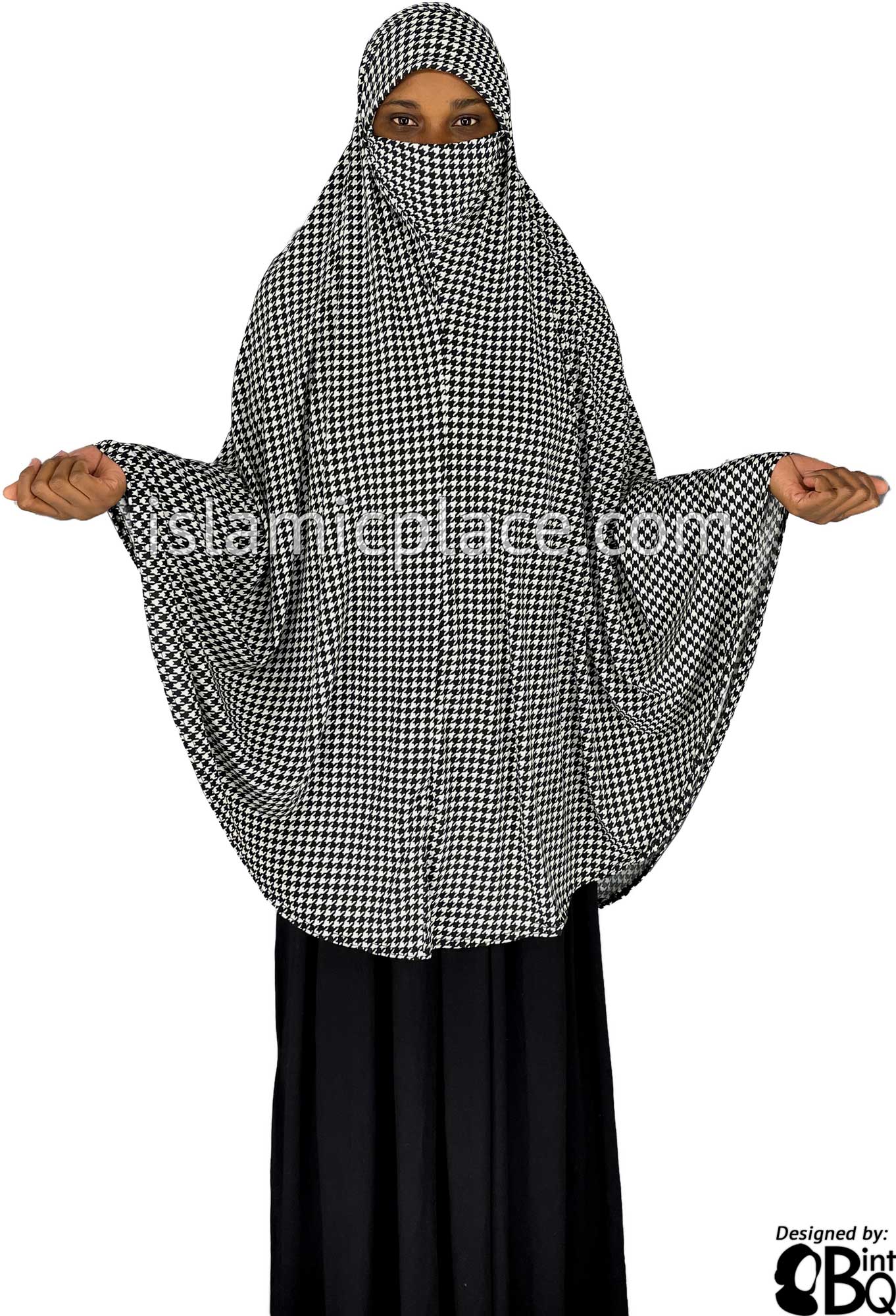 Black and White Houndstooth Pattern - Printed Overhead Khimar - Extra Long Knee Length