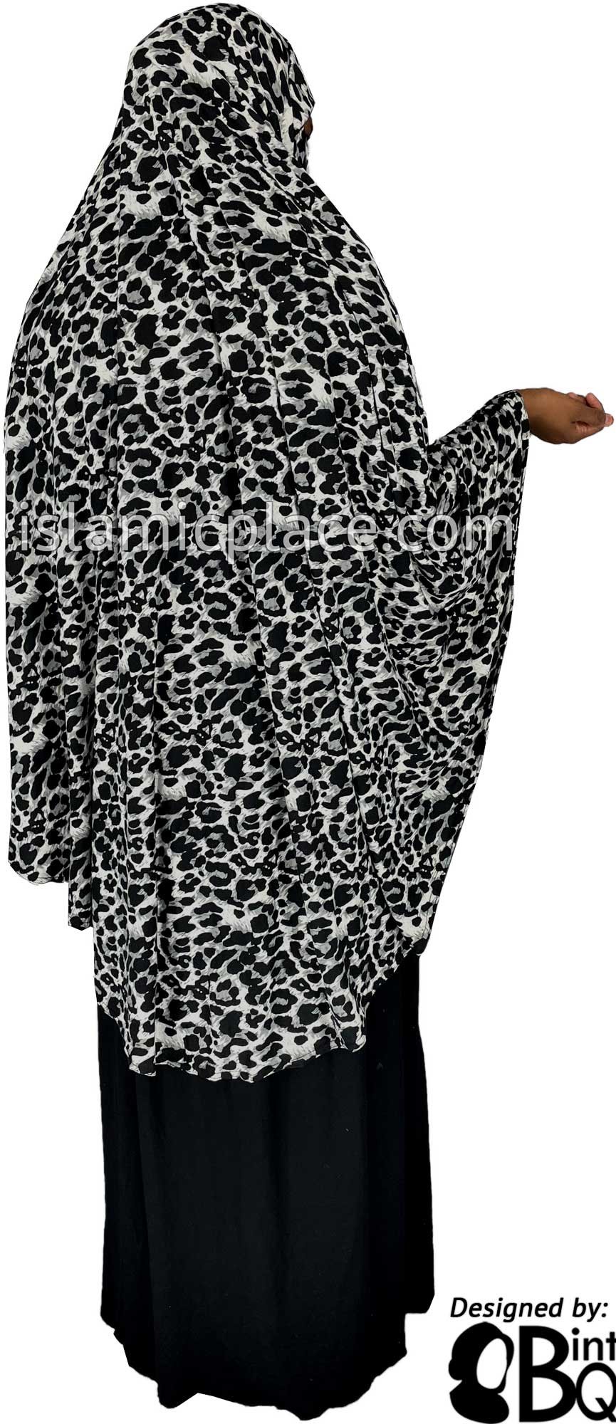 Black and Gray Animal Print on White Base - Printed Overhead Khimar - Extra Long Knee Length